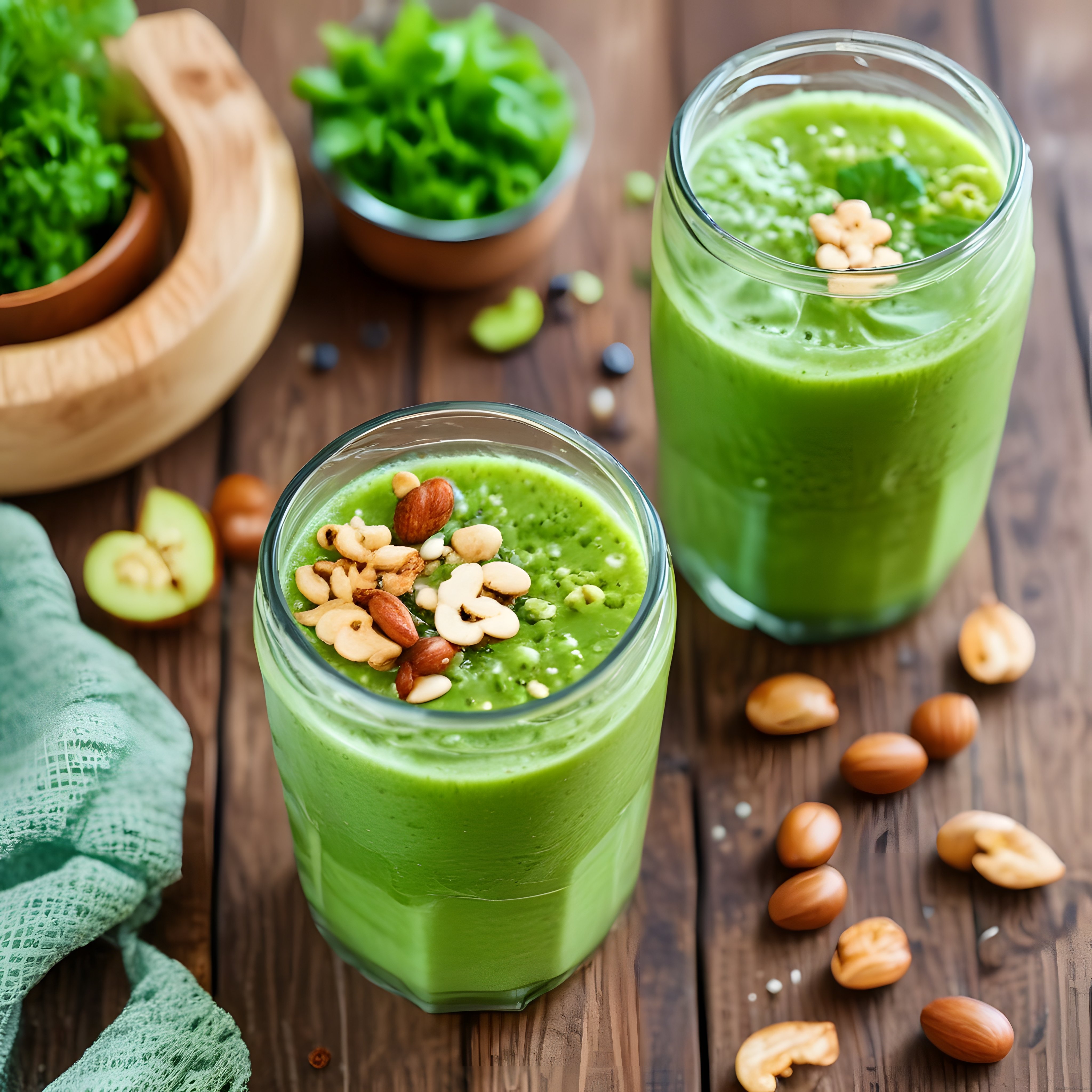 Taze Yeşillikli ve Kuruyemişli Ev Yapımı Detoks Smoothie Sunumu