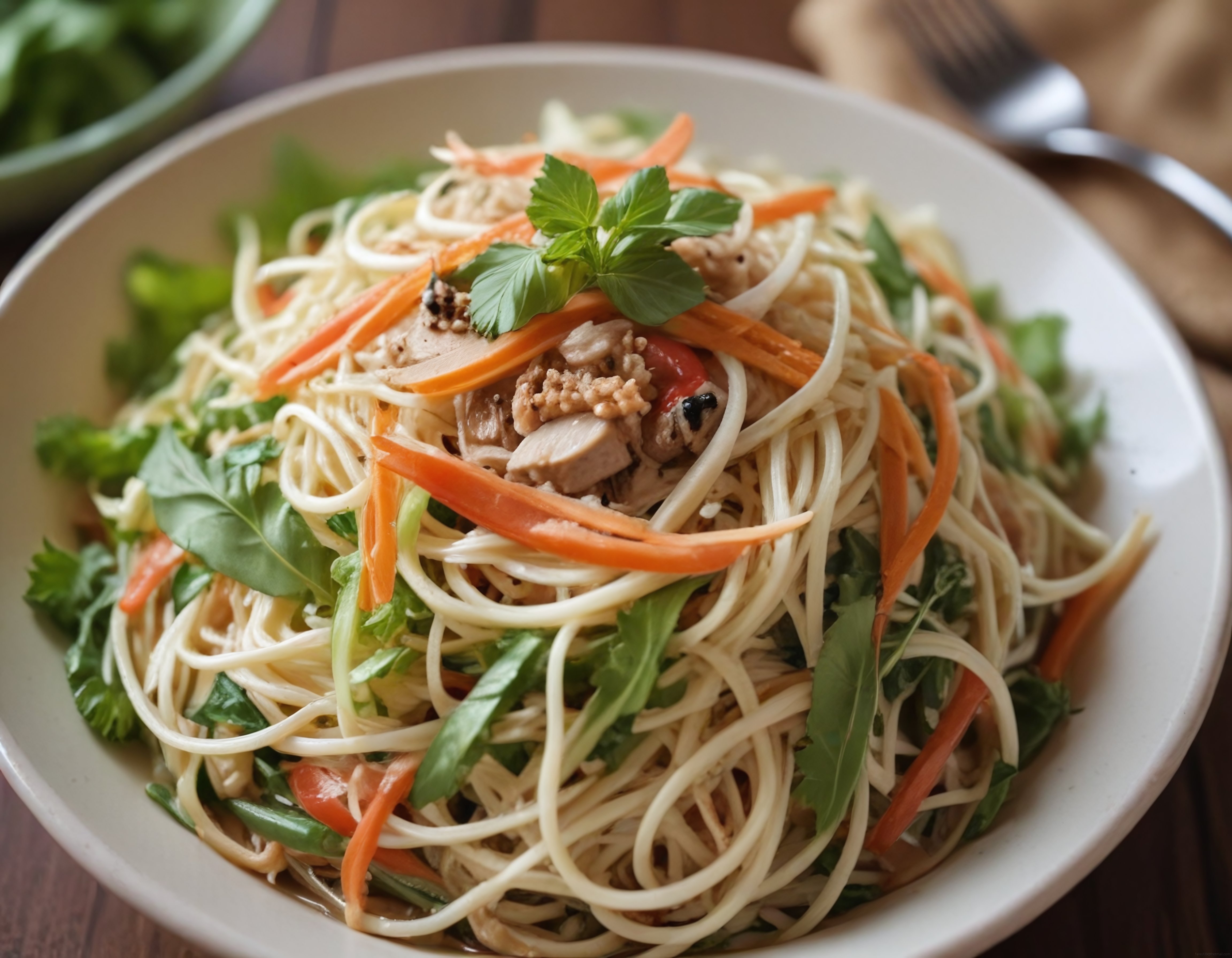 Taze Yeşillikli ve Tavuklu Asya Usulü Noodle Salatası, Beyaz Kasede Sunum