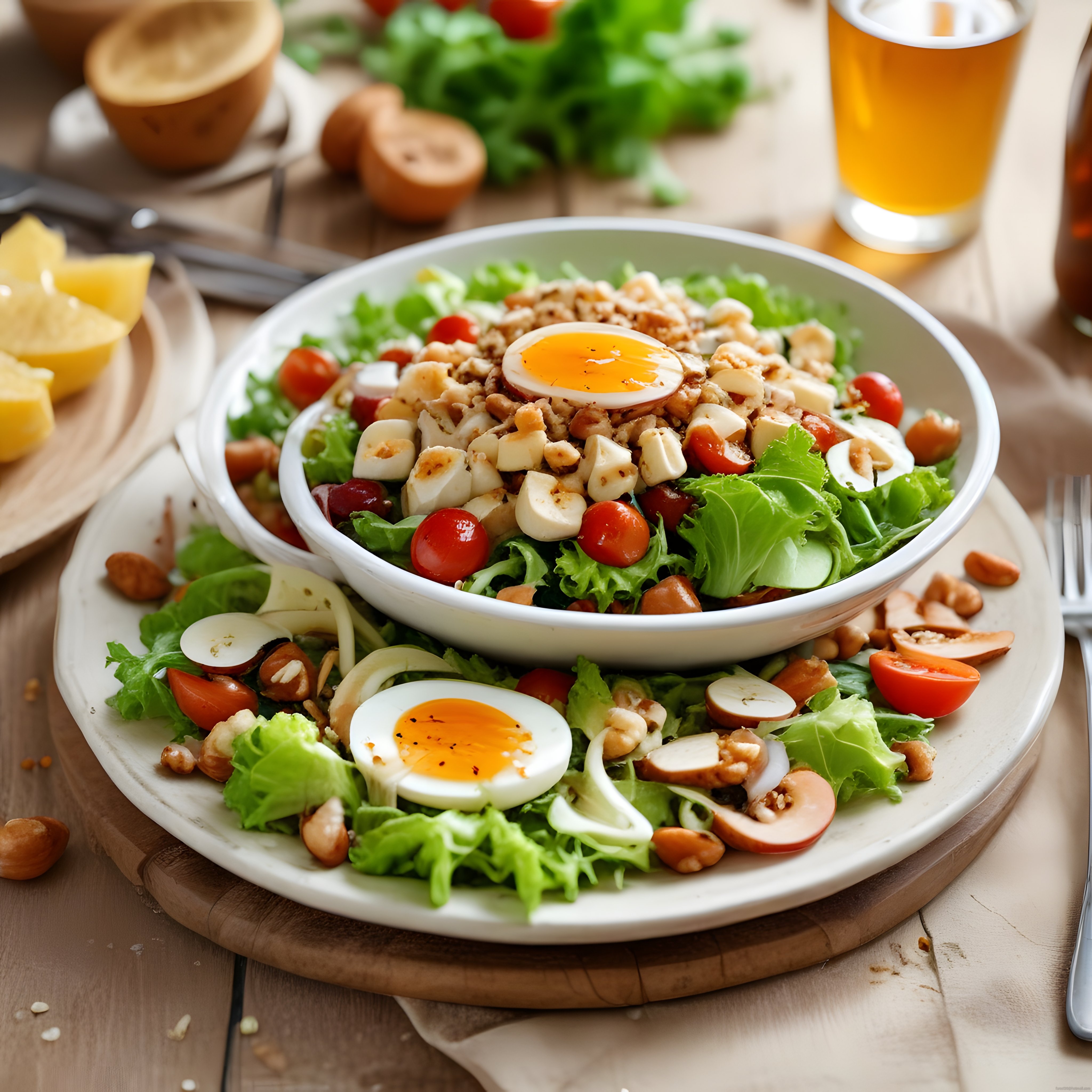 taze yeşillikli yumurtalı cevizli sağlıklı salata tabağı ve brunch sunumu