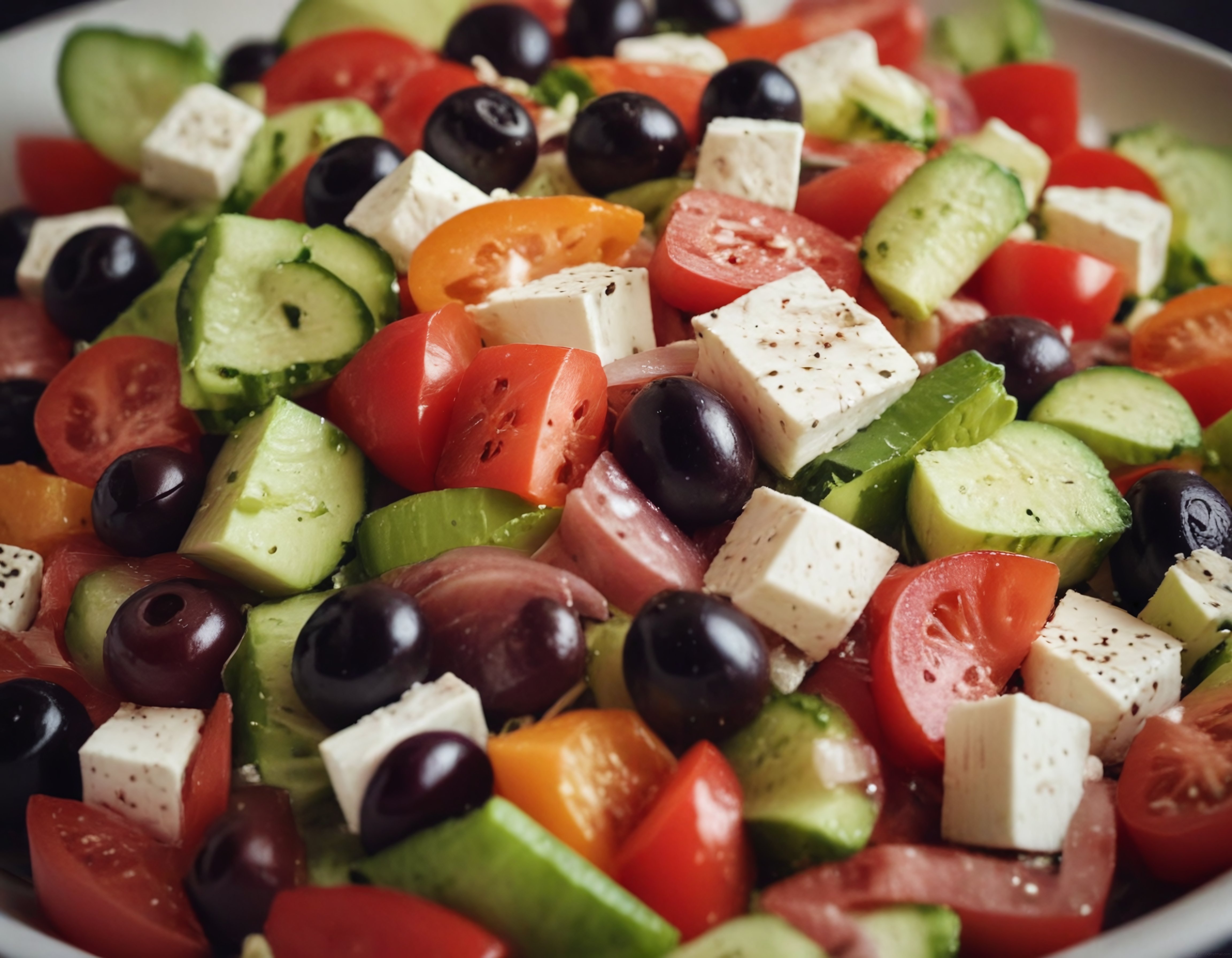 Taze Yunan Salatası Kasesi: Feta Peyniri, Siyah Zeytin ve Renkli Sebzeler