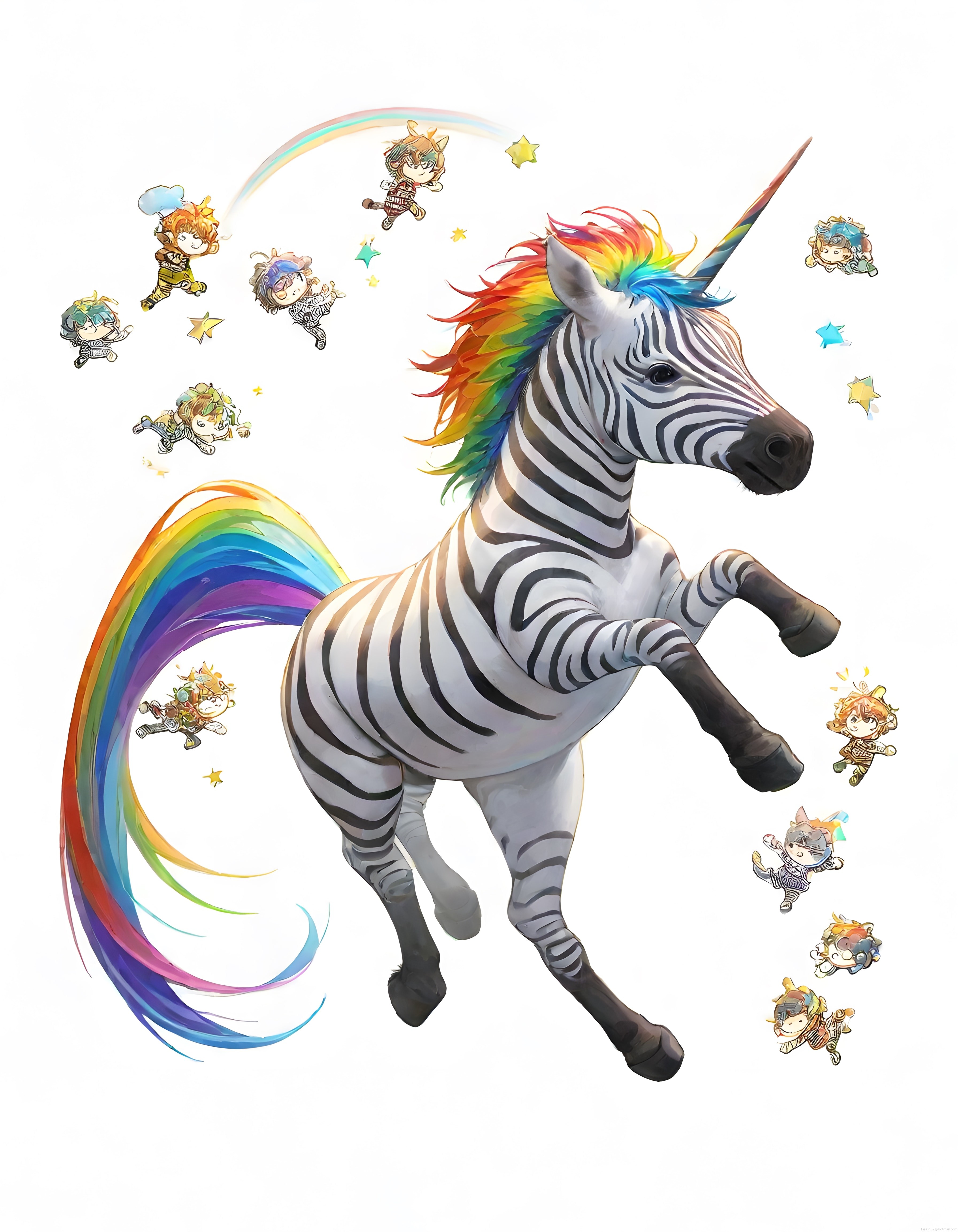 Tek Boynuzlu Gökkuşağı Zebrası ve Uçan Chibi Kahramanların Renkli Dijital Dünyası
