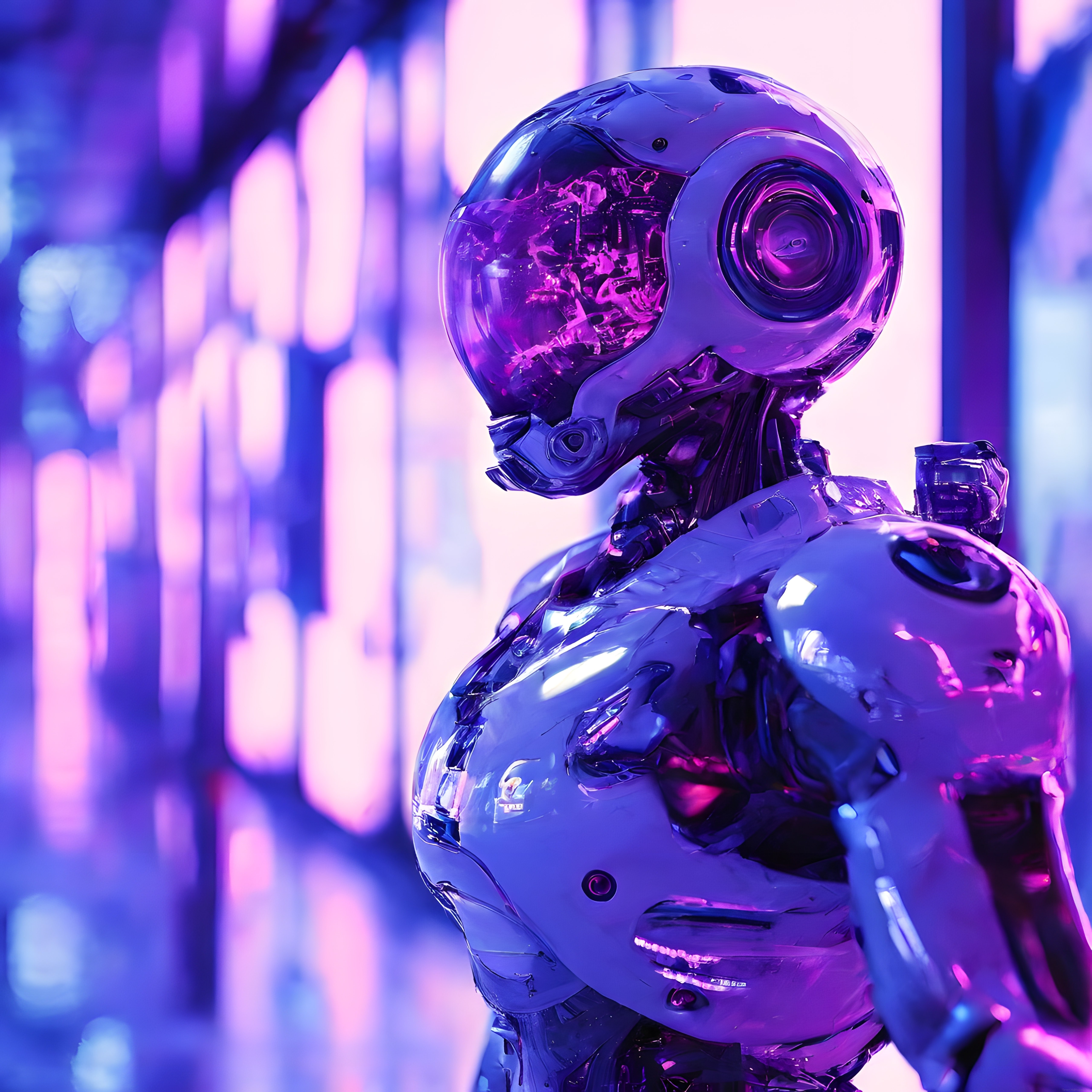 Tek gözlü neon ışıklı cyberpunk robot portresi ve gelecek temalı dijital sanat