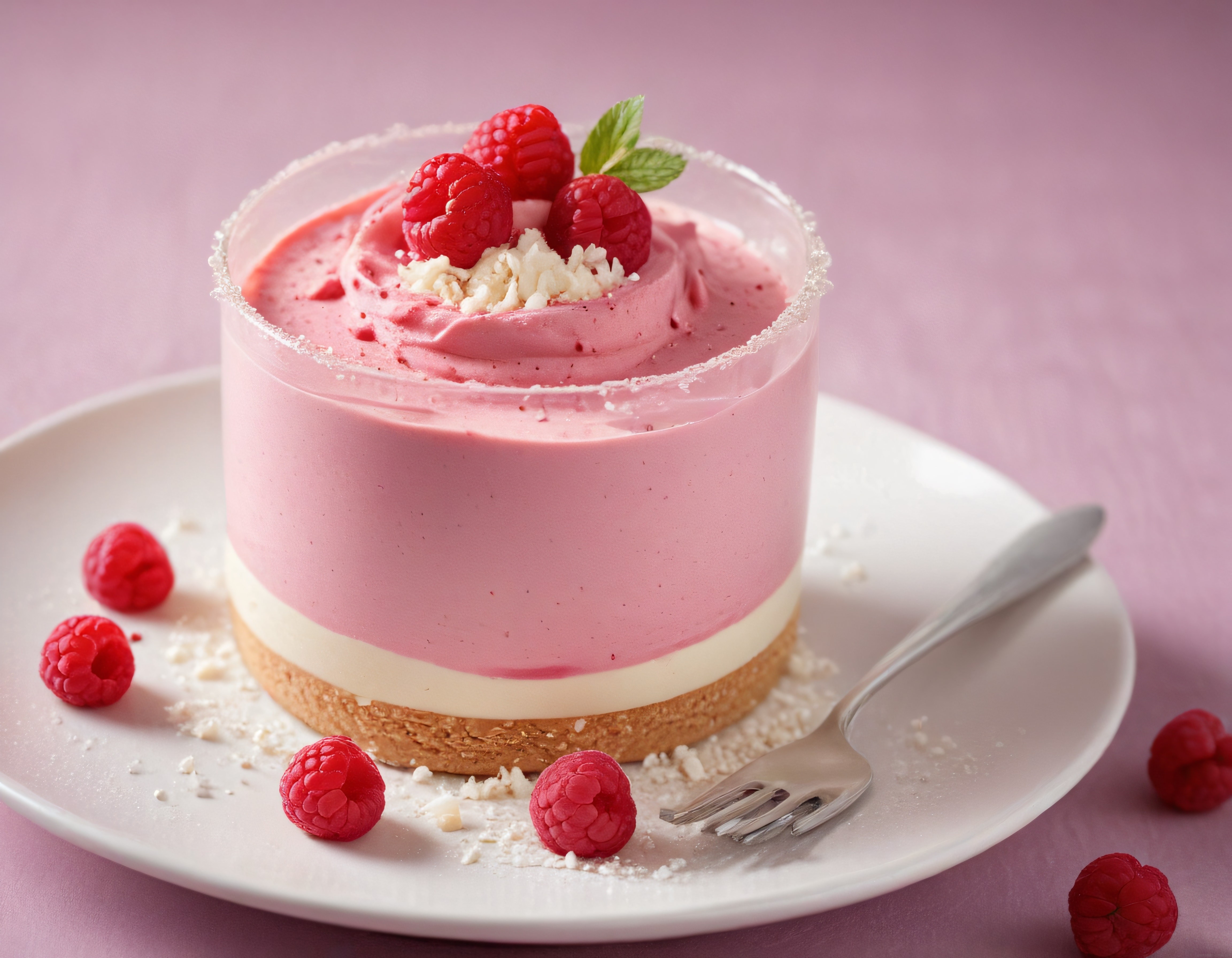 Tek porsiyonluk pembe ahududulu mousse tatlı taze frambuazlarla süslenmiş