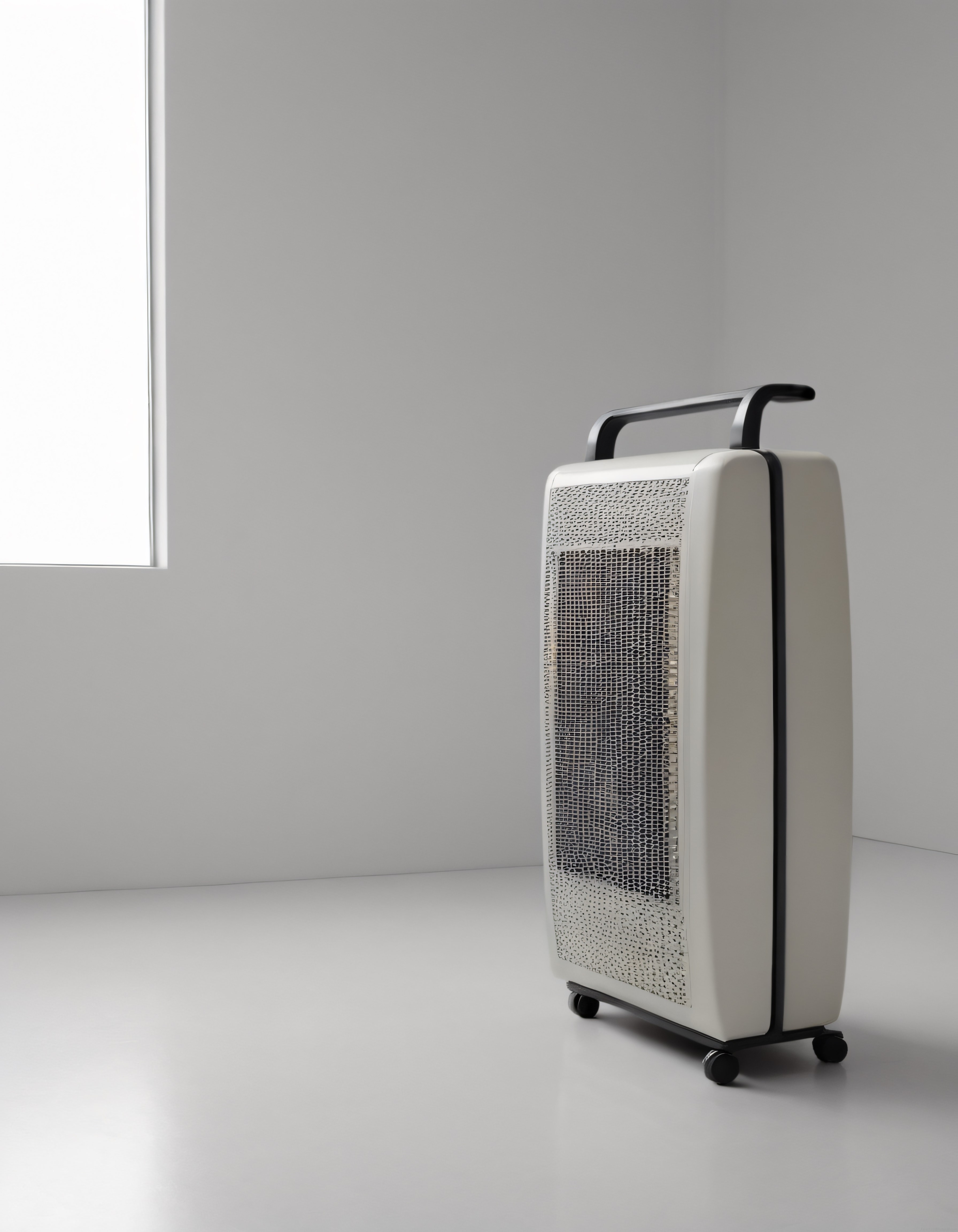 tekerlekli modern cihazın minimalist beyaz mekandaki sade ve temiz estetiği