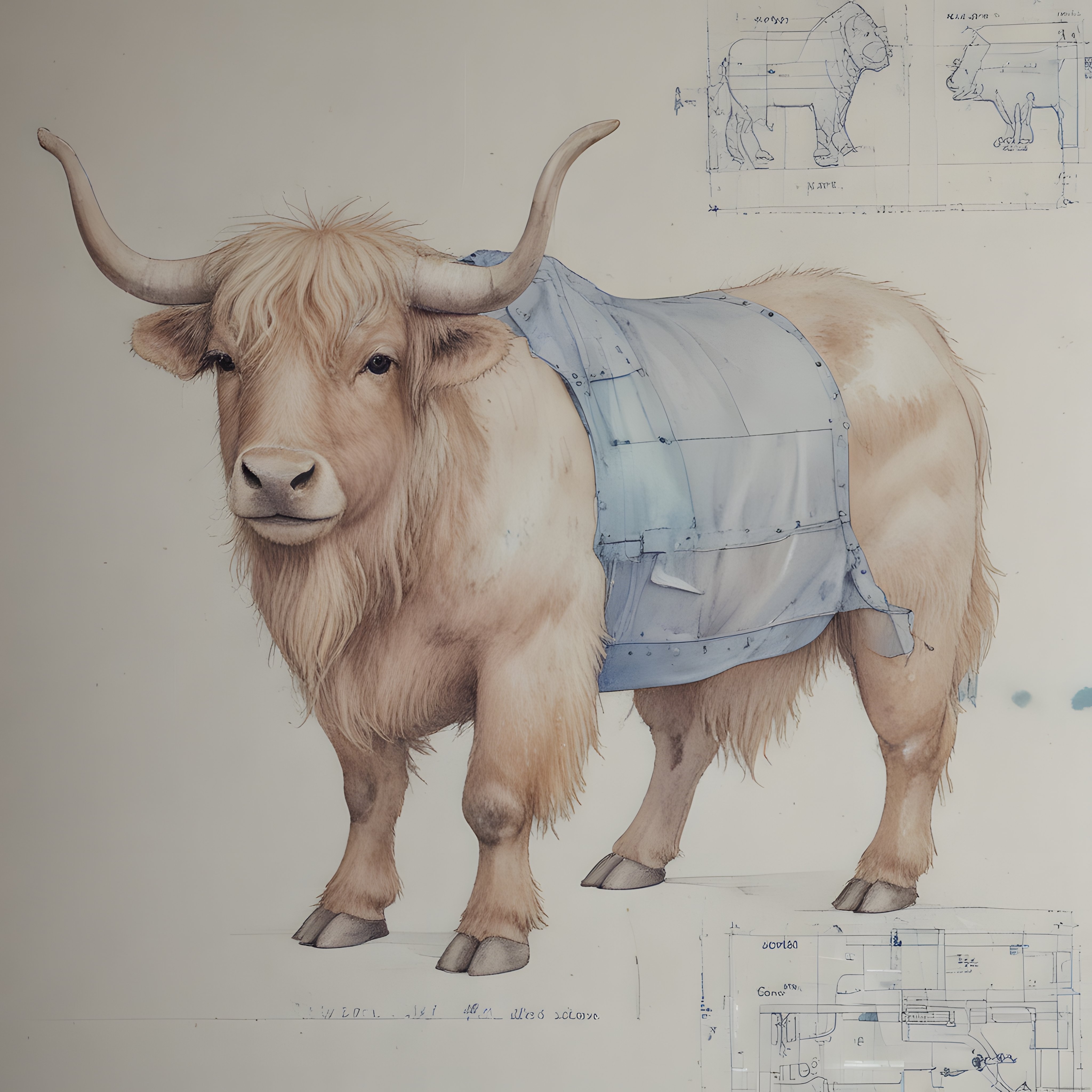 Teknik Çizimlerle Harmanlanmış Zırhlı Highland Sığırı Suluboya Çalışması