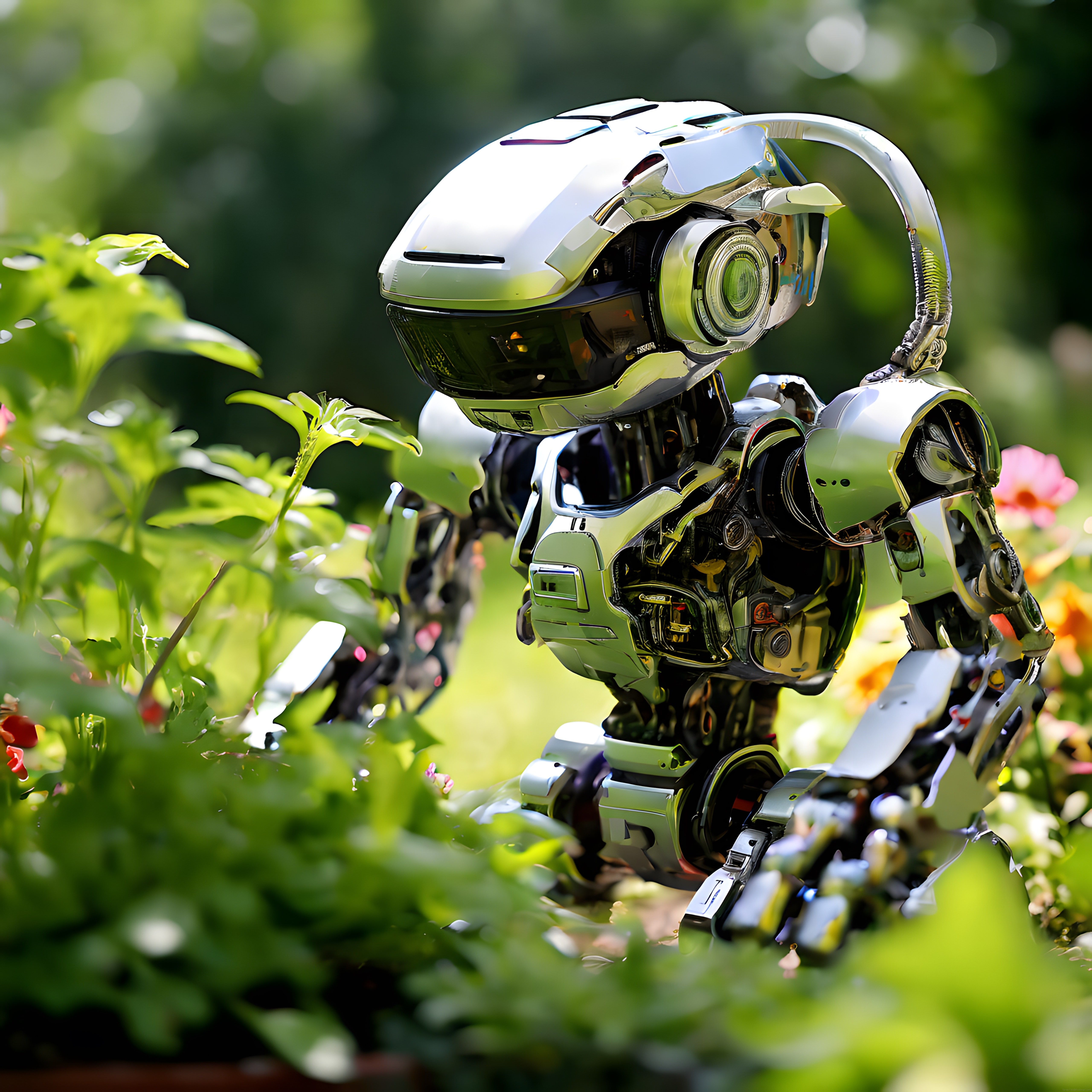 Teknoloji ve Doğanın Harmonisi: Gümüş Robot Çiçek Bahçesinde Keşifte