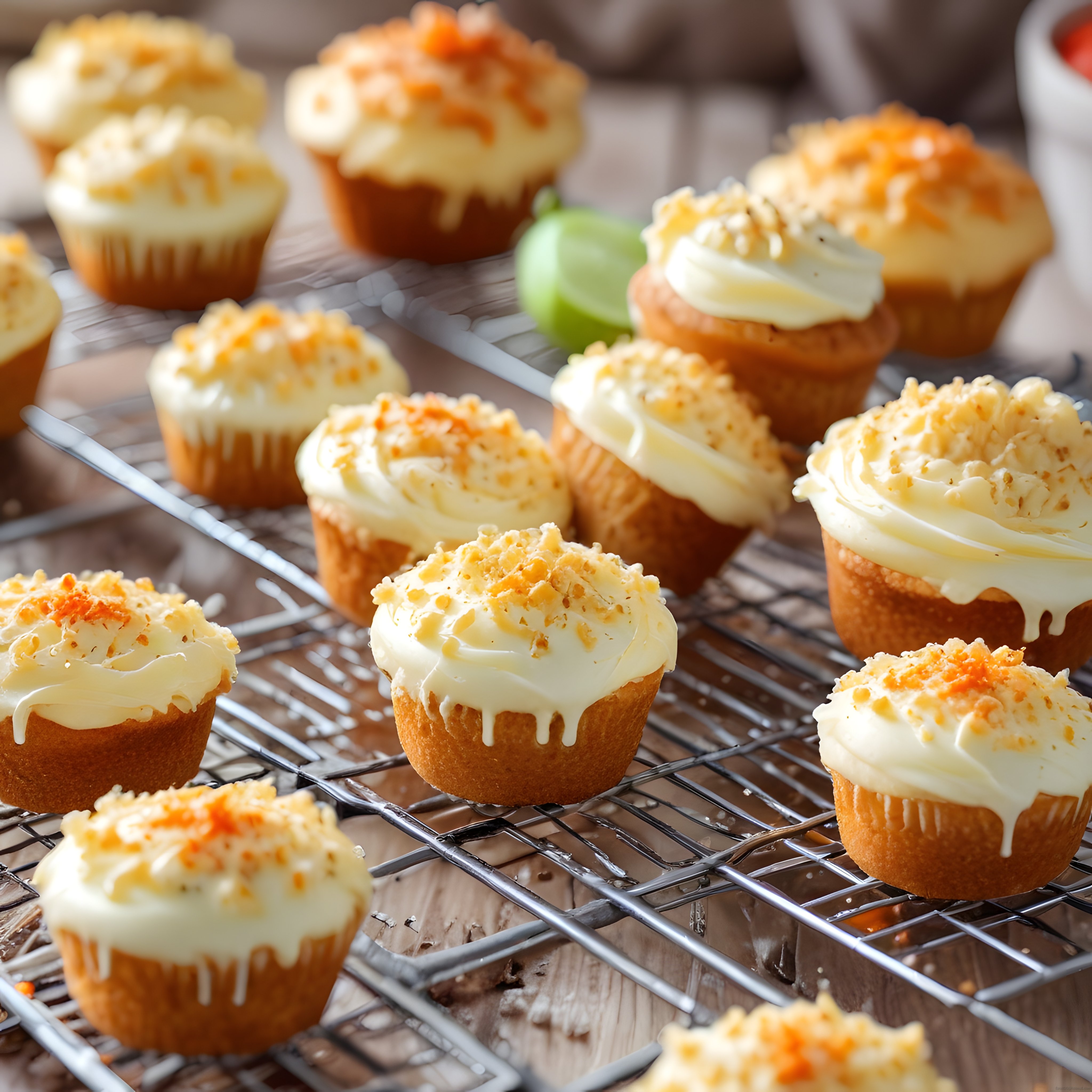 Tel ızgara üzerinde soğuyan kremalı havuçlu cupcake'ler: Ev yapımı tatlı keyfi
