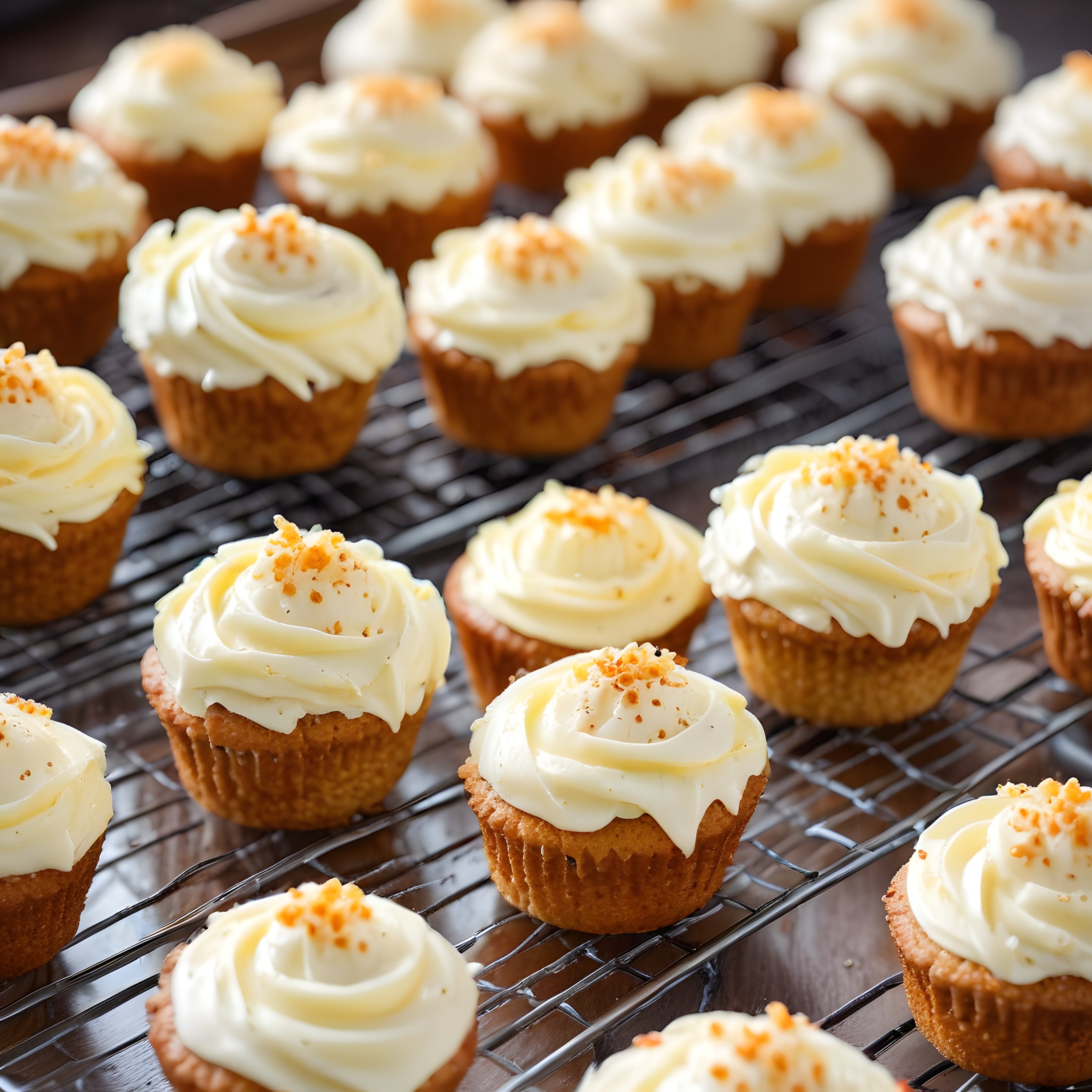 Tel ızgarada soğuyan kremalı havuçlu cupcake'ler lezzet ve sunumla buluşuyor