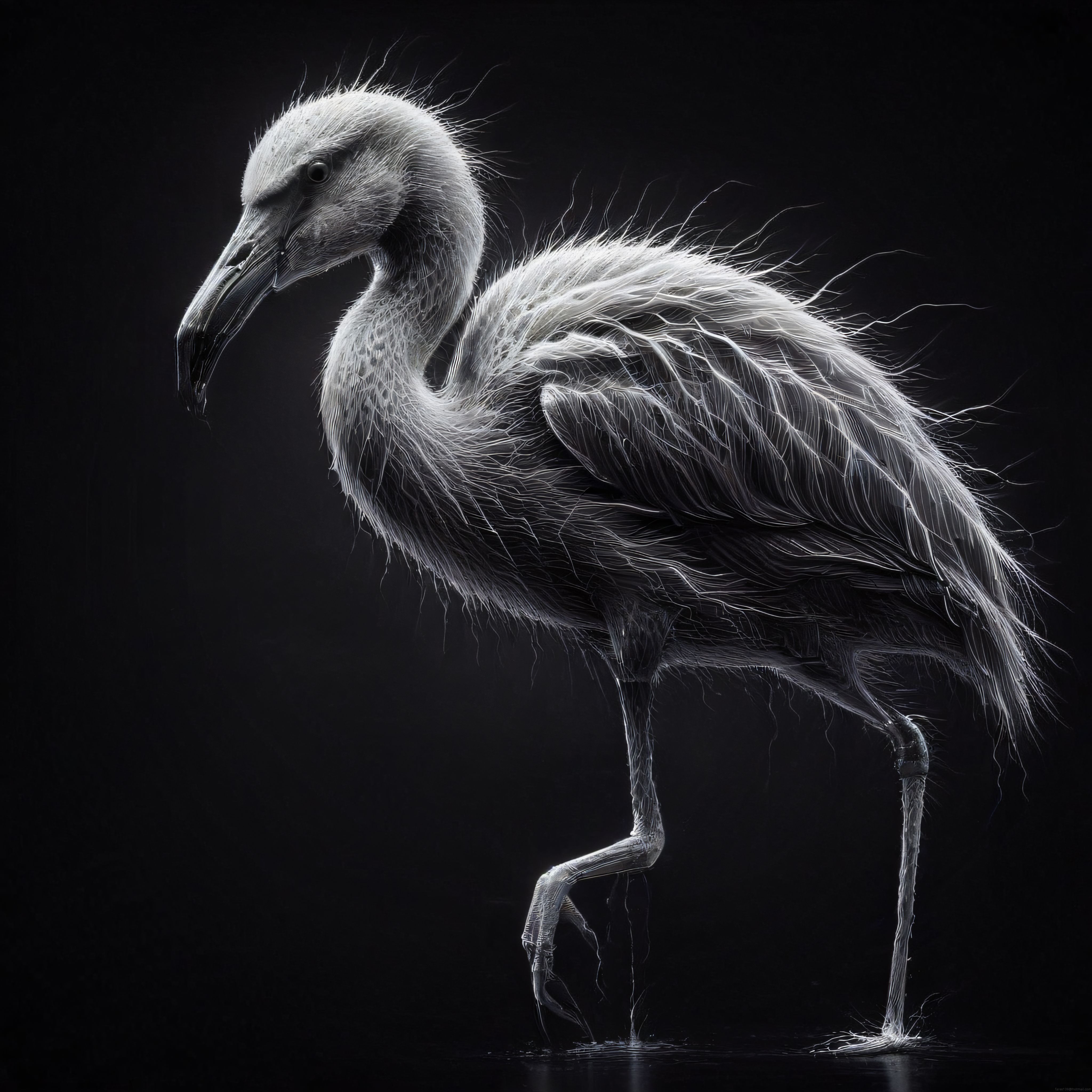 Tel örgü tekniğiyle oluşturulmuş siyah fon üzerinde modern flamingo heykeli
