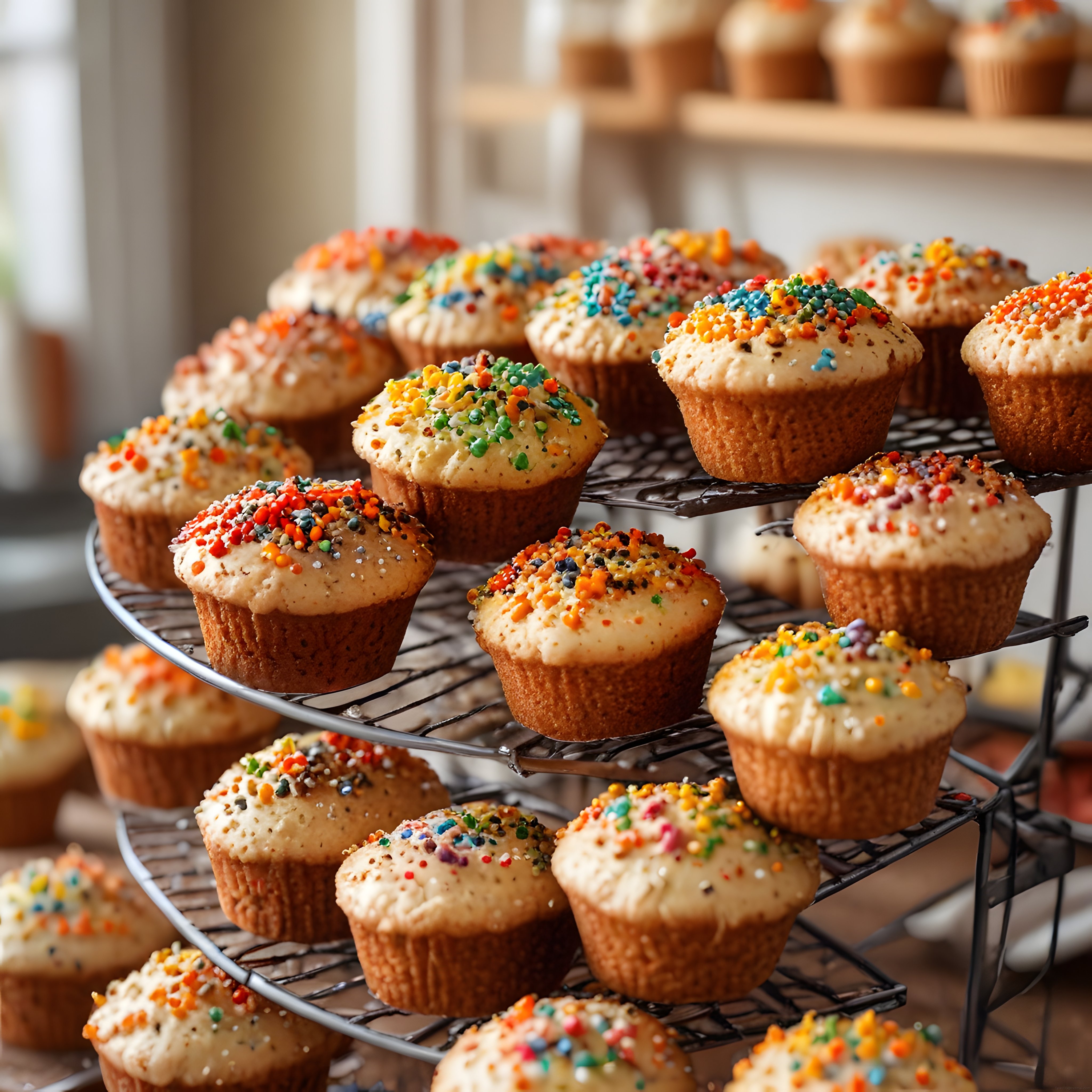 Tel Raf Üzerinde Renkli Serpme Süslemeli Taze Cupcake ve Muffin Sunumu