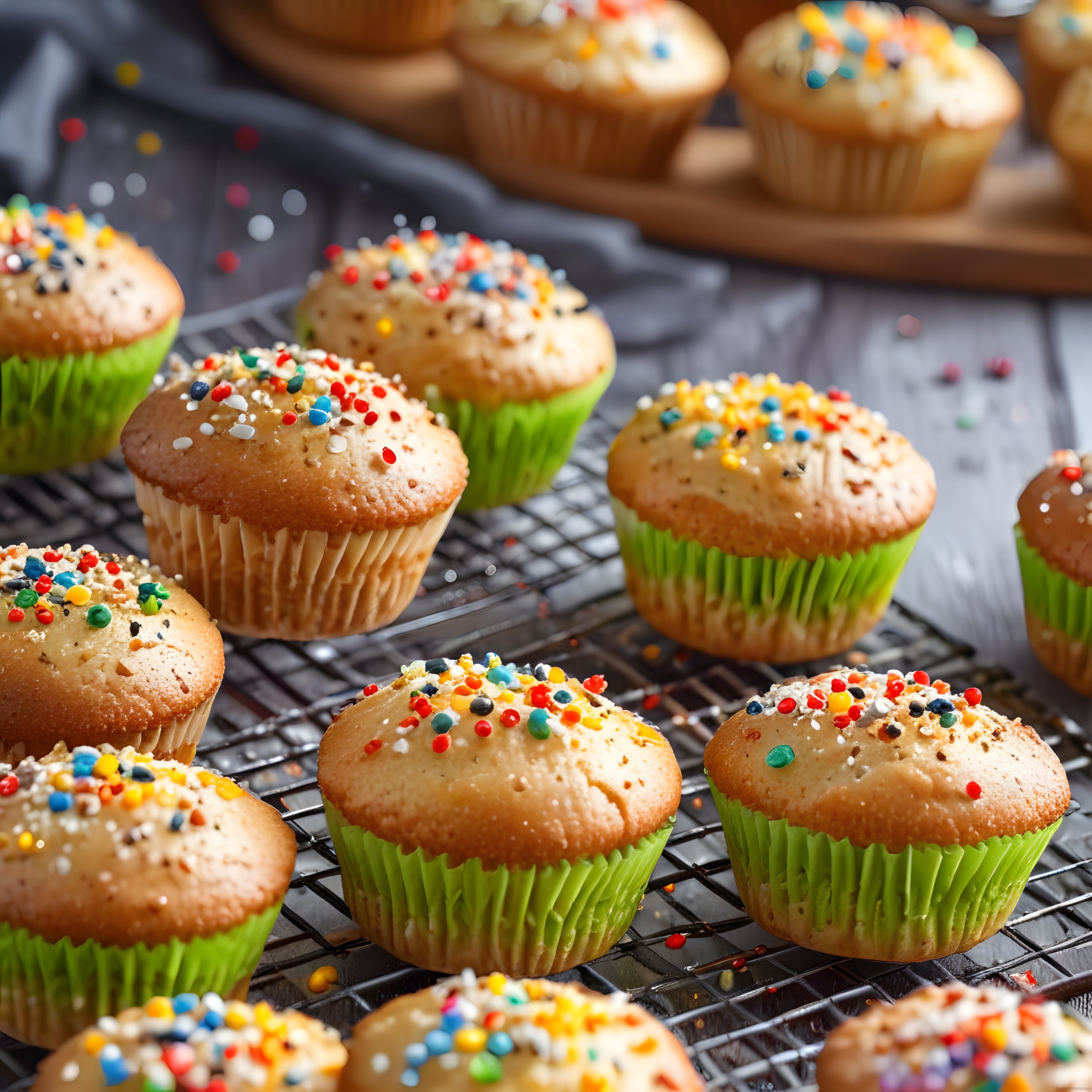 Tel Raf Üzerinde Renkli Sprinkle Süslü Taze Muffinler ve Ev Yapımı Kapkekler