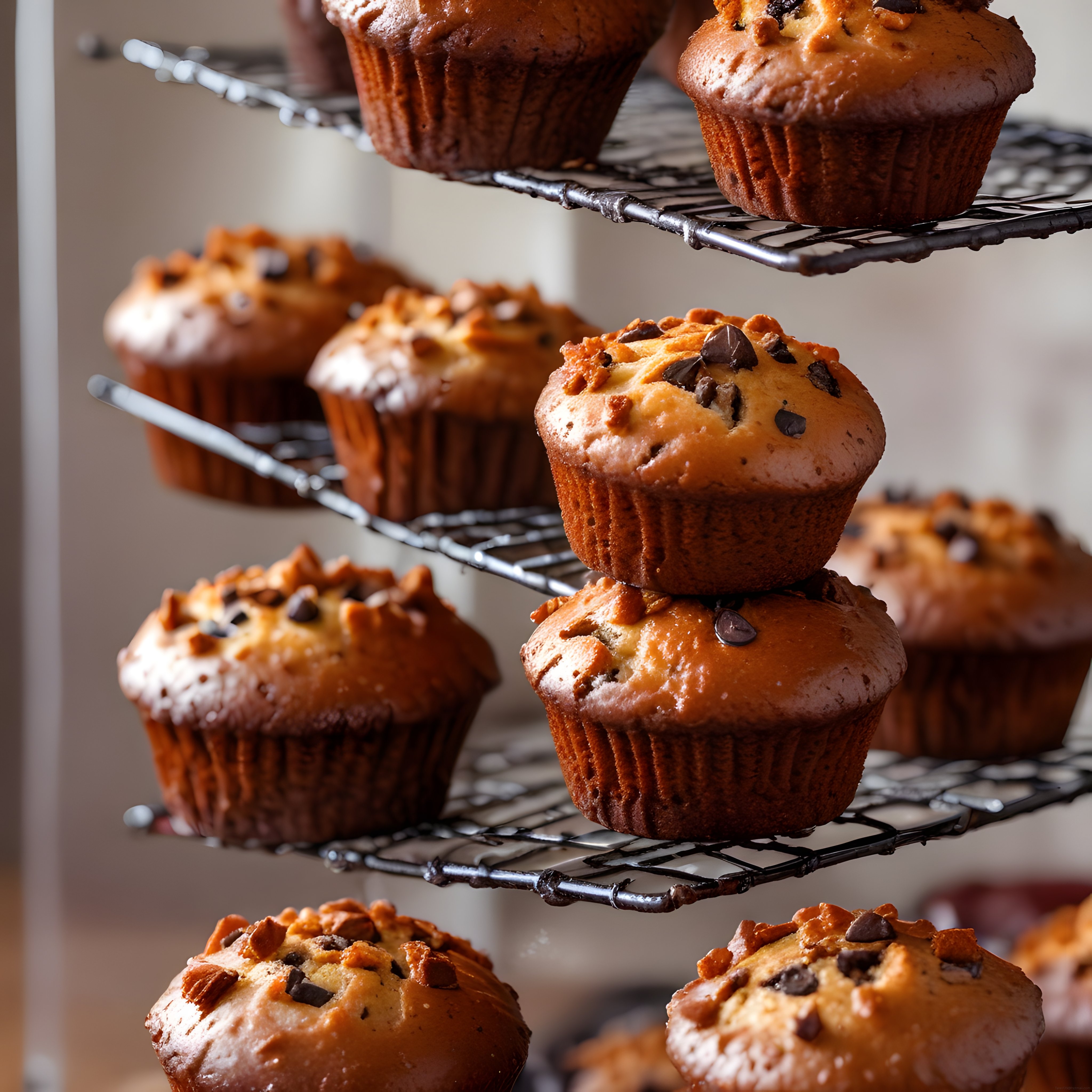 Tel rafların üzerinde soğumaya bırakılmış çikolata parçalı muffinler