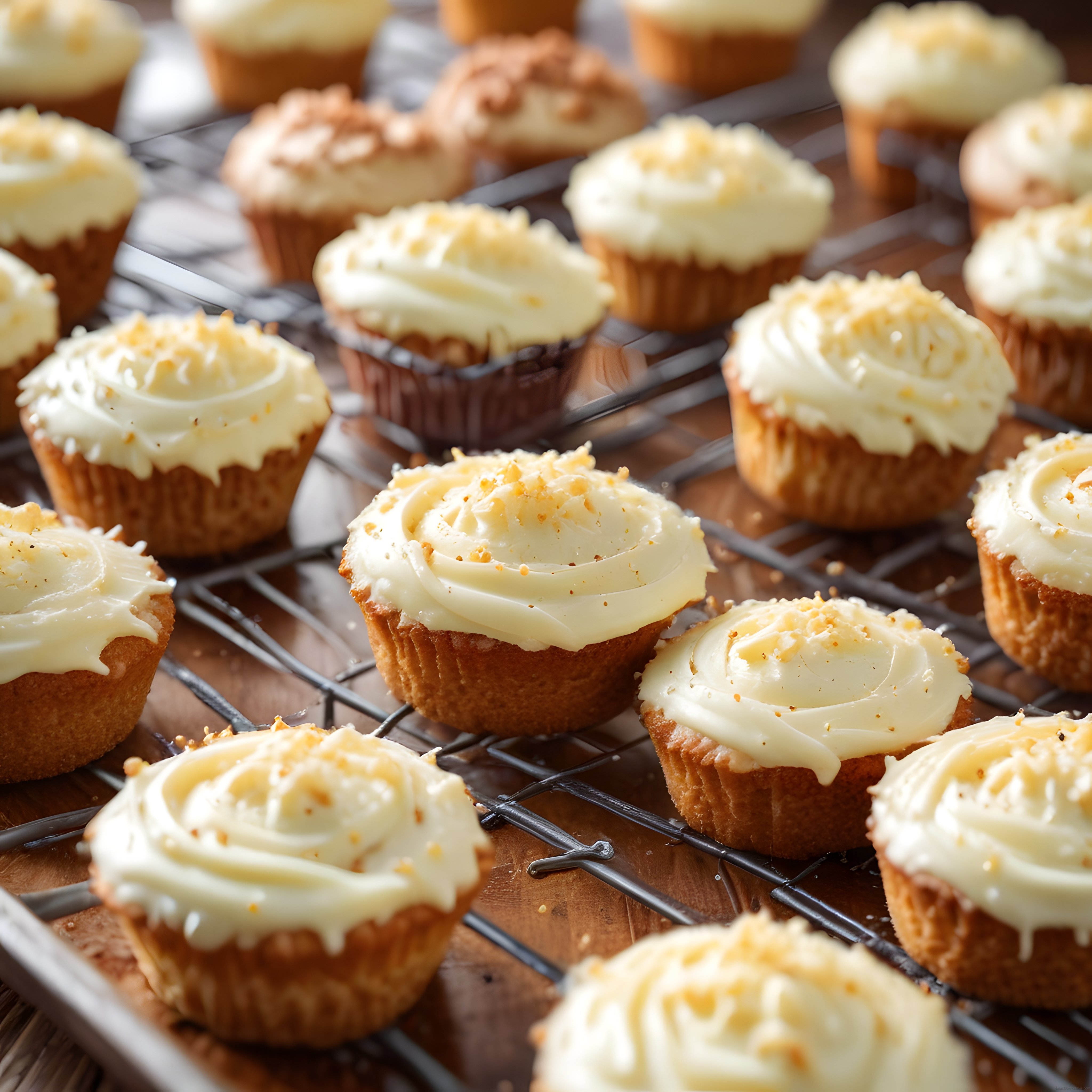 tel soğutma rafında dizilmiş kremalı cupcakeler ve altın sarısı süslemeler