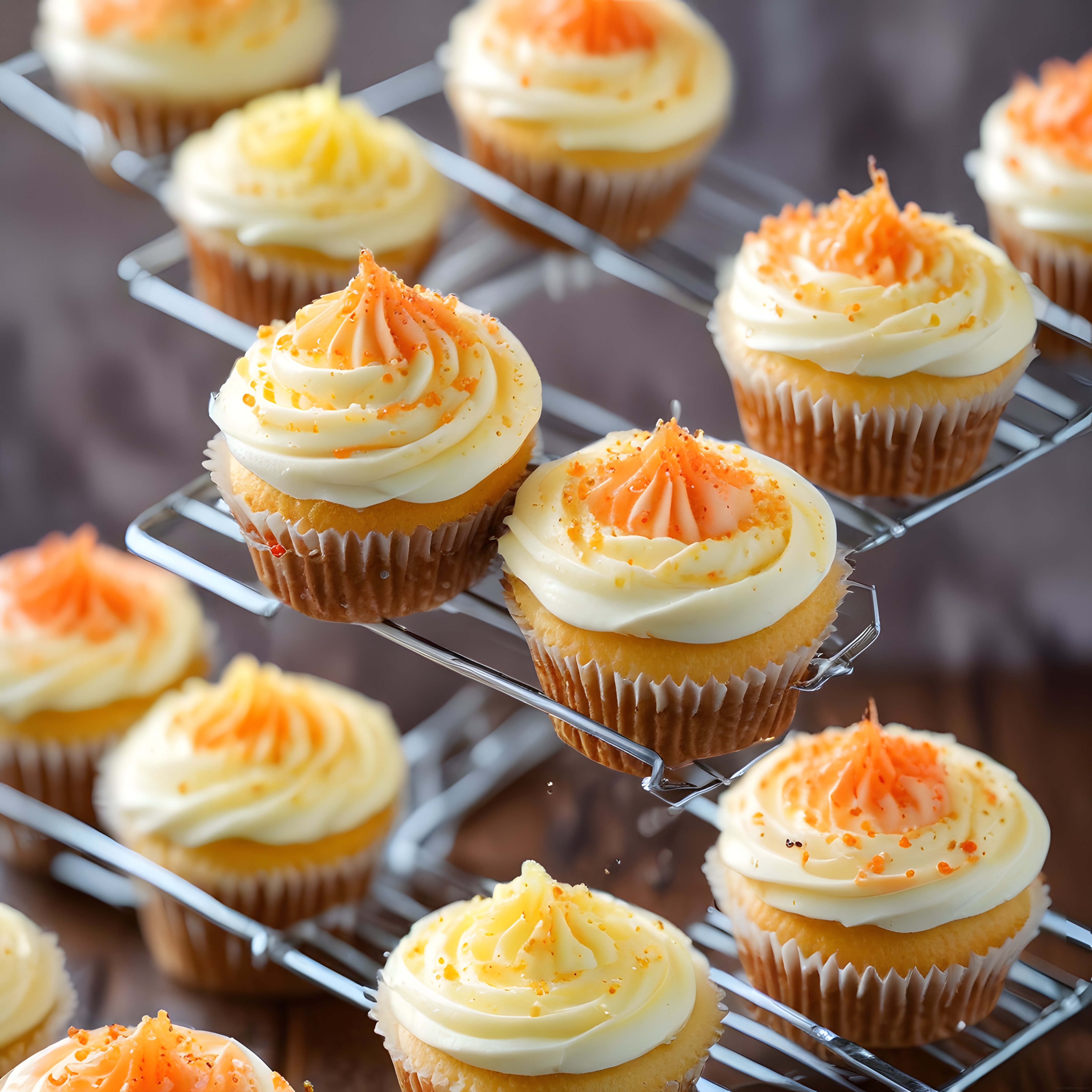 Tel soğutma rafında dizilmiş kremalı süslemeli cupcake ve mini kekler