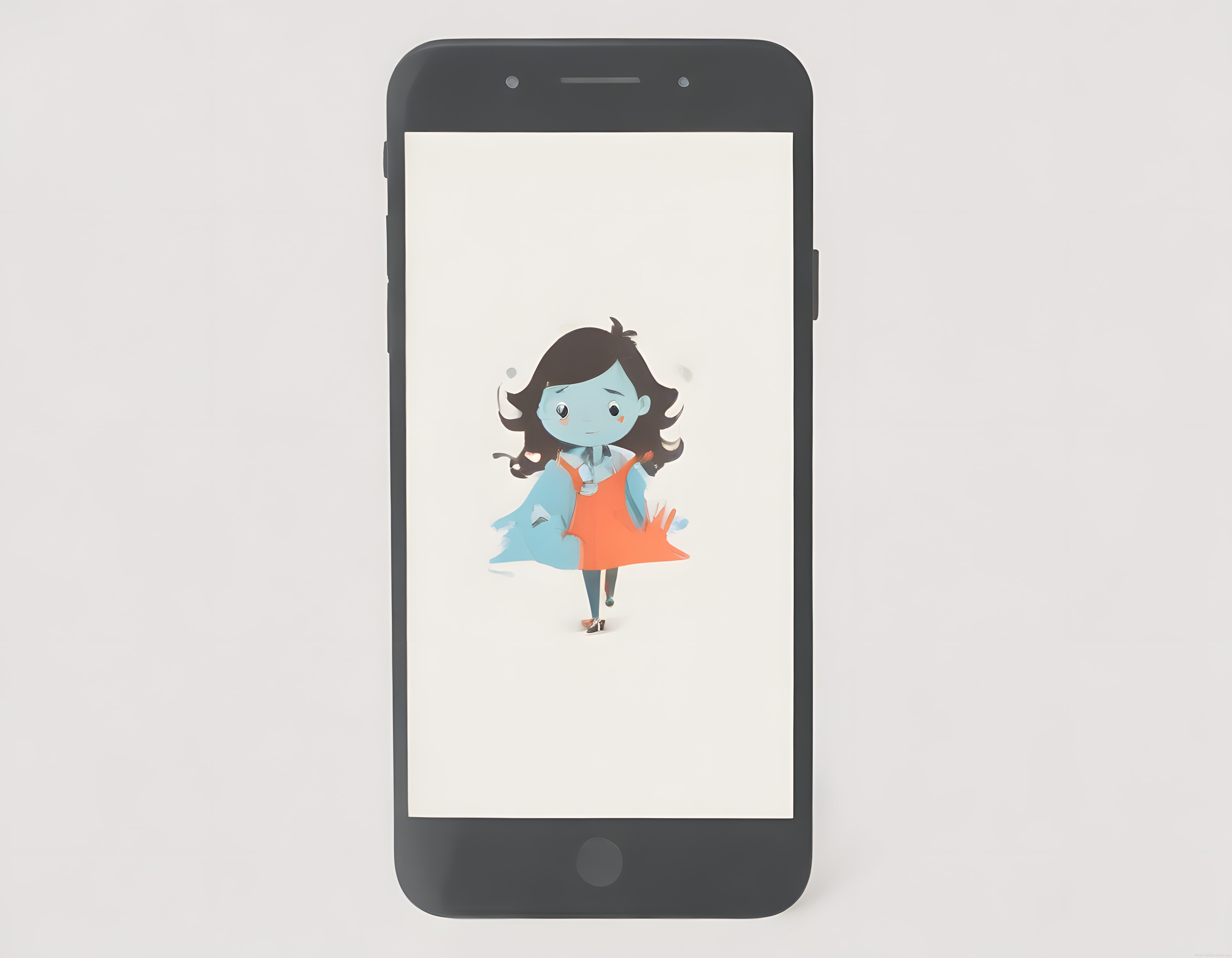 Telefon ekranında duran üzgün mavi kız çocuğu dijital karakter illüstrasyonu