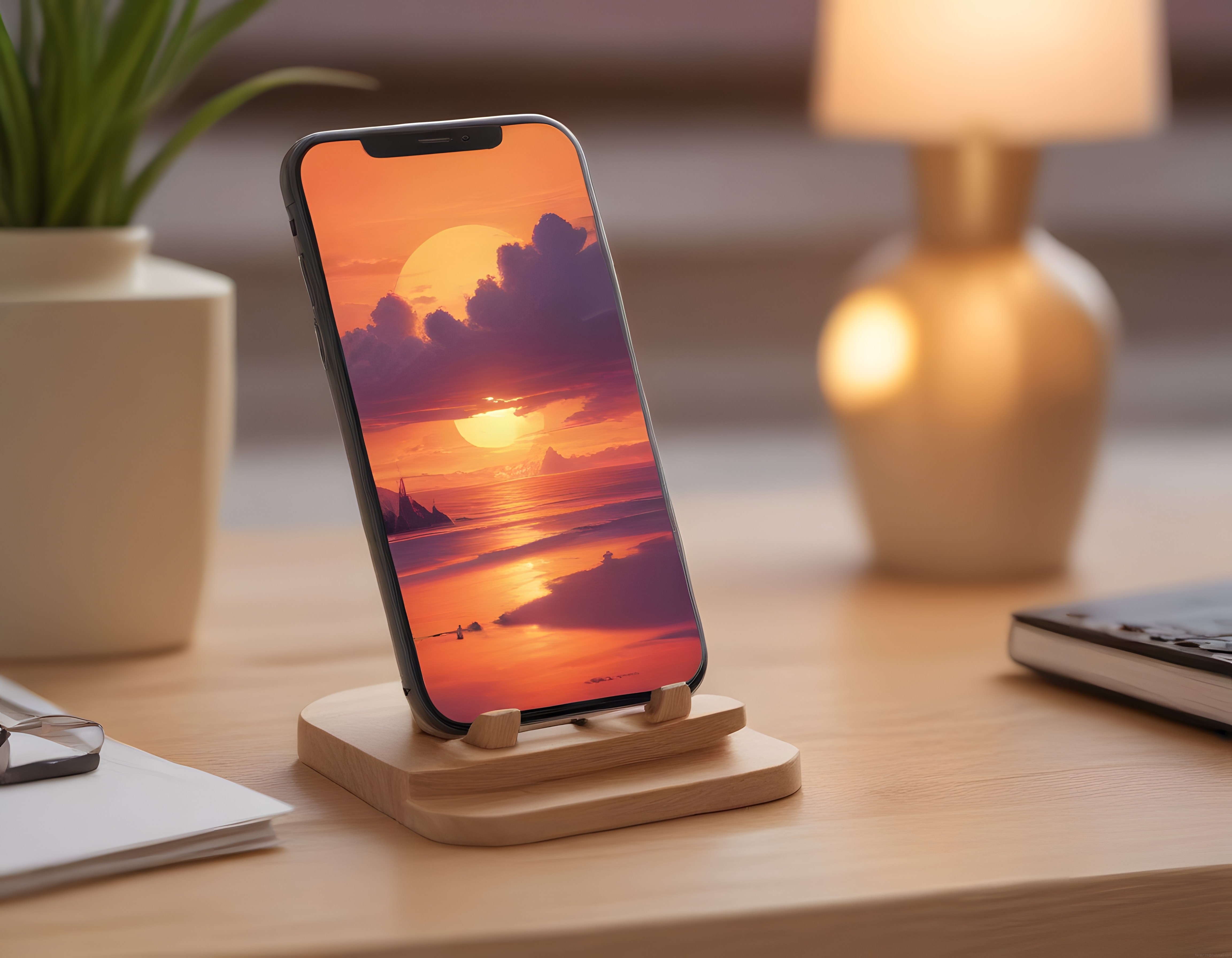 Telefon Standında Gün Batımı Duvar Kağıdı ve Sıcak Ev Dekorasyonu