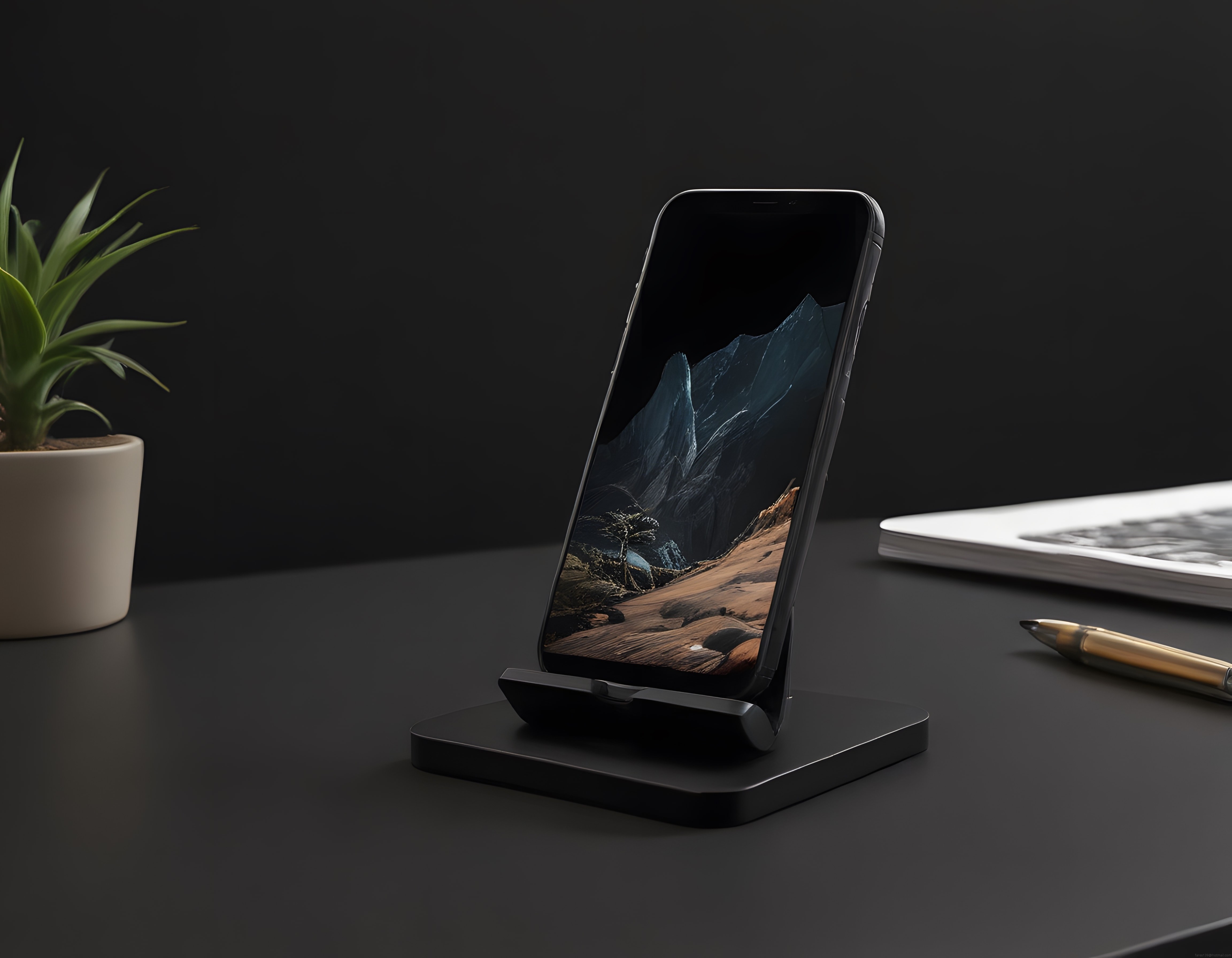 Telefon Standında Karanlık Dağ Manzarası: Minimalist Çalışma Masası Düzeni