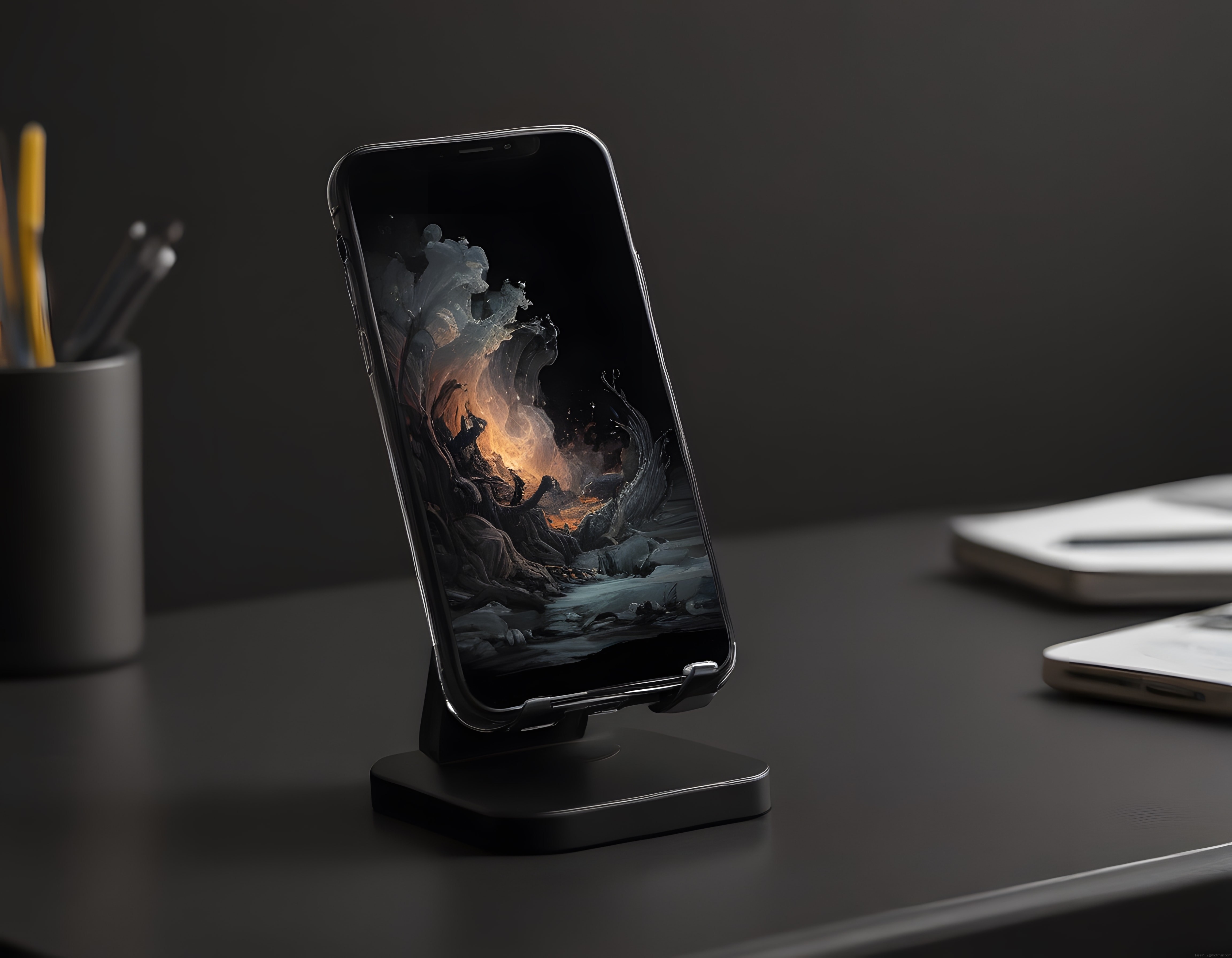 Telefon standında karanlık fantastik dijital sanat ekran görüntüsü