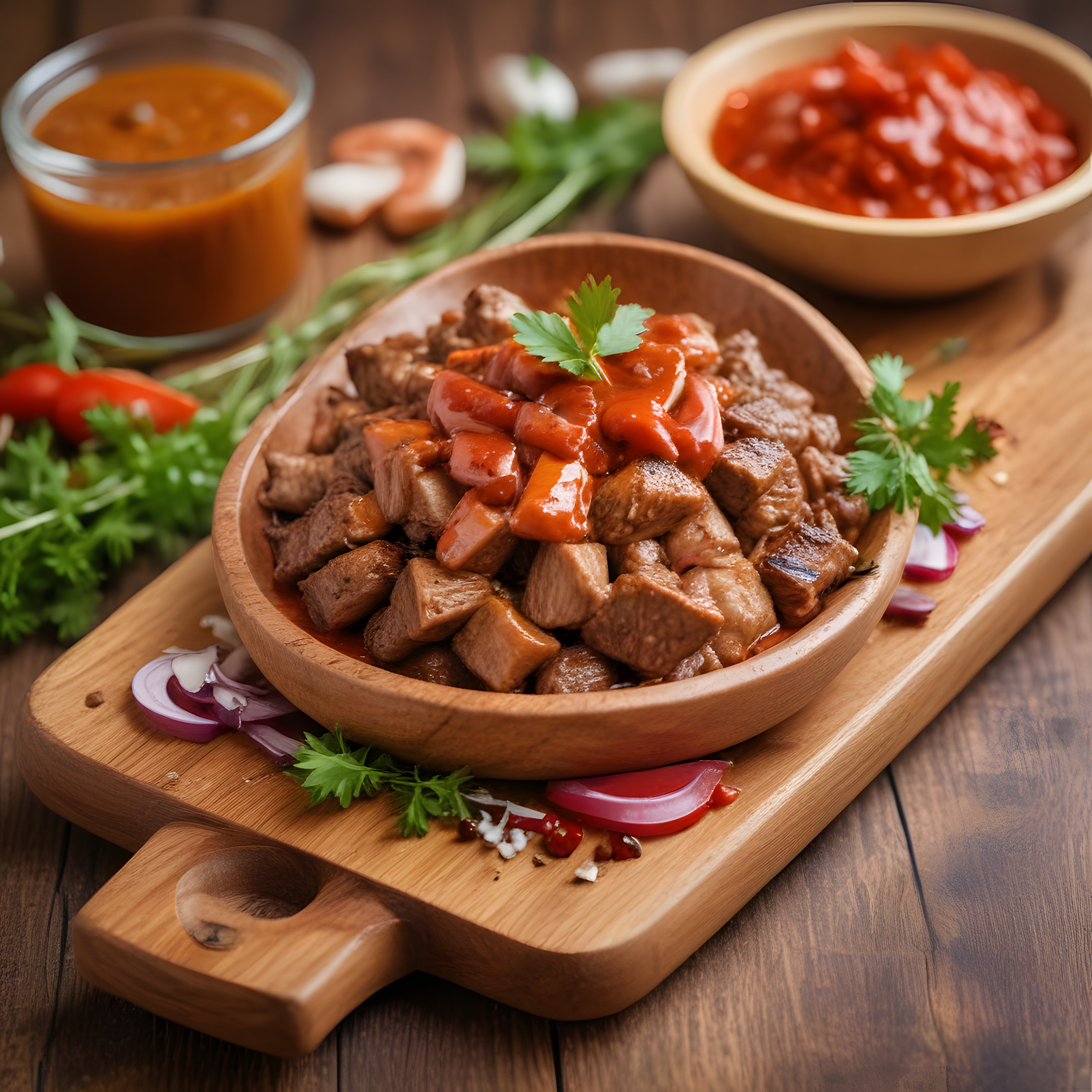 Tenderloin Küp Tarifi: Domates Soslu Et Yemeği Ahşap Sunum Tahtada