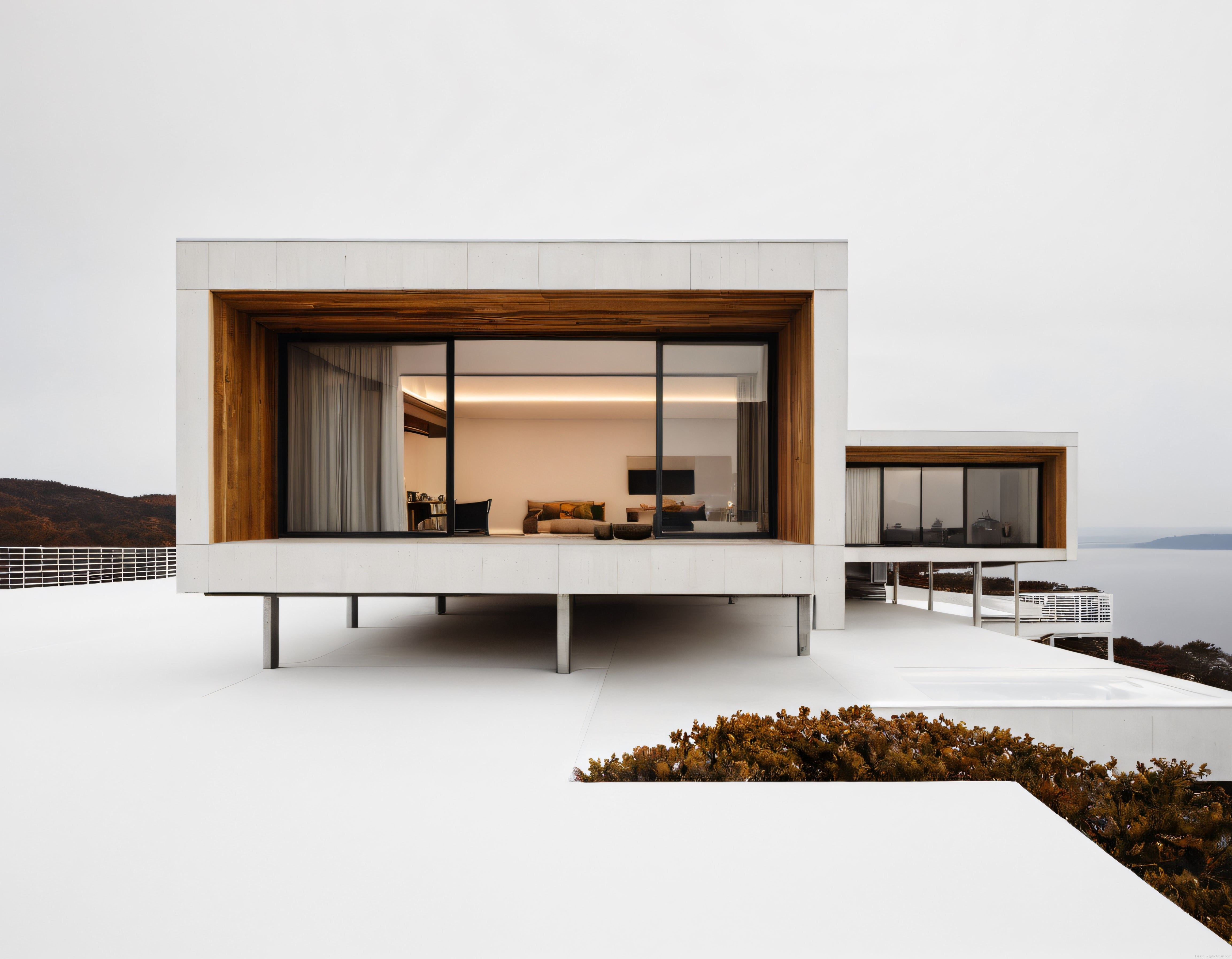 Tepede Göl Manzaralı Beyaz Beton ve Ahşap Detaylı Modern Minimalist Ev