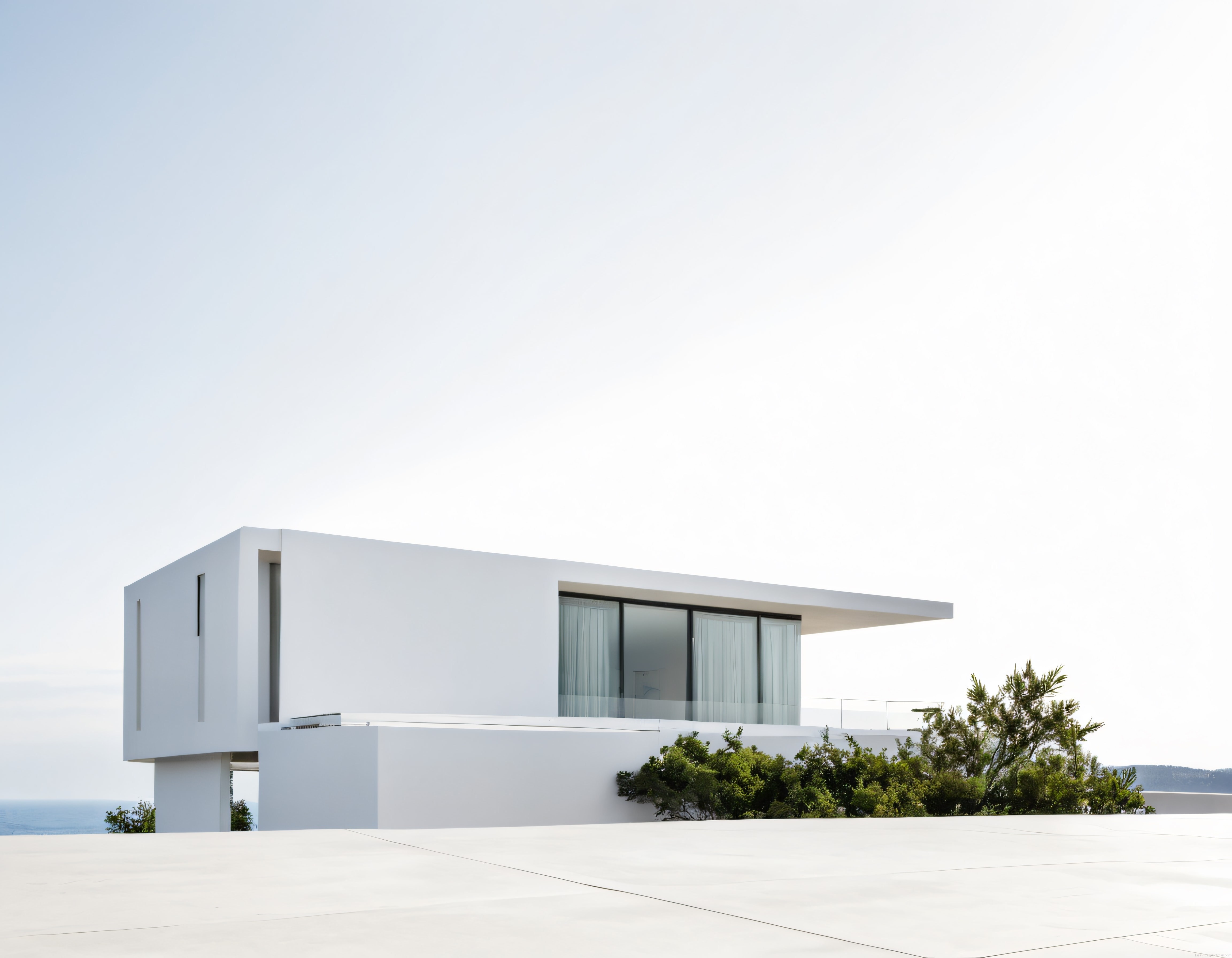 Tepelerde Gömülü Beyaz Minimalist Villa: Modern Tasarım ve Deniz Manzarası