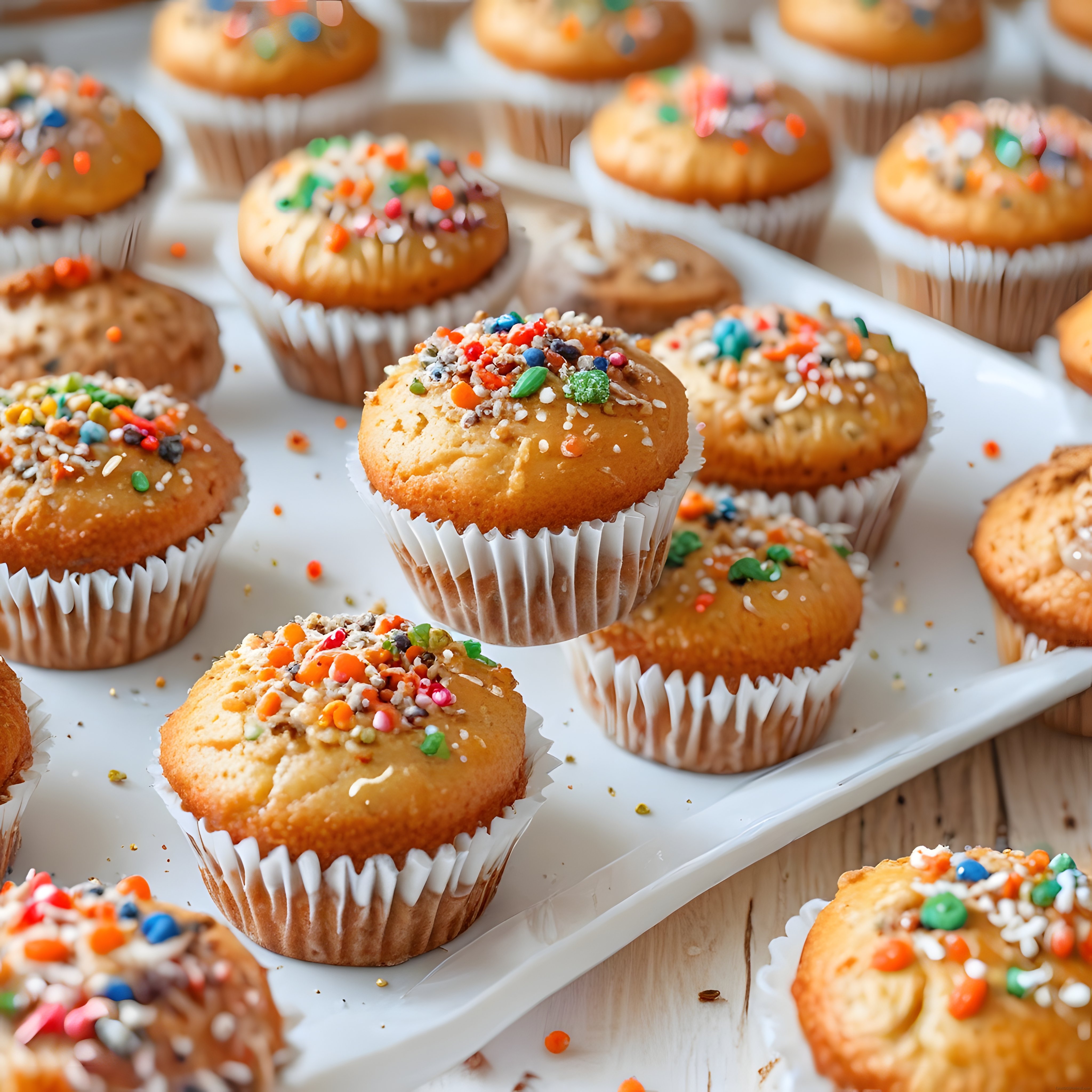 Tepside Renkli Serpme Şekerlemelerle Süslenmiş Taze Muffin ve Kap Kekler