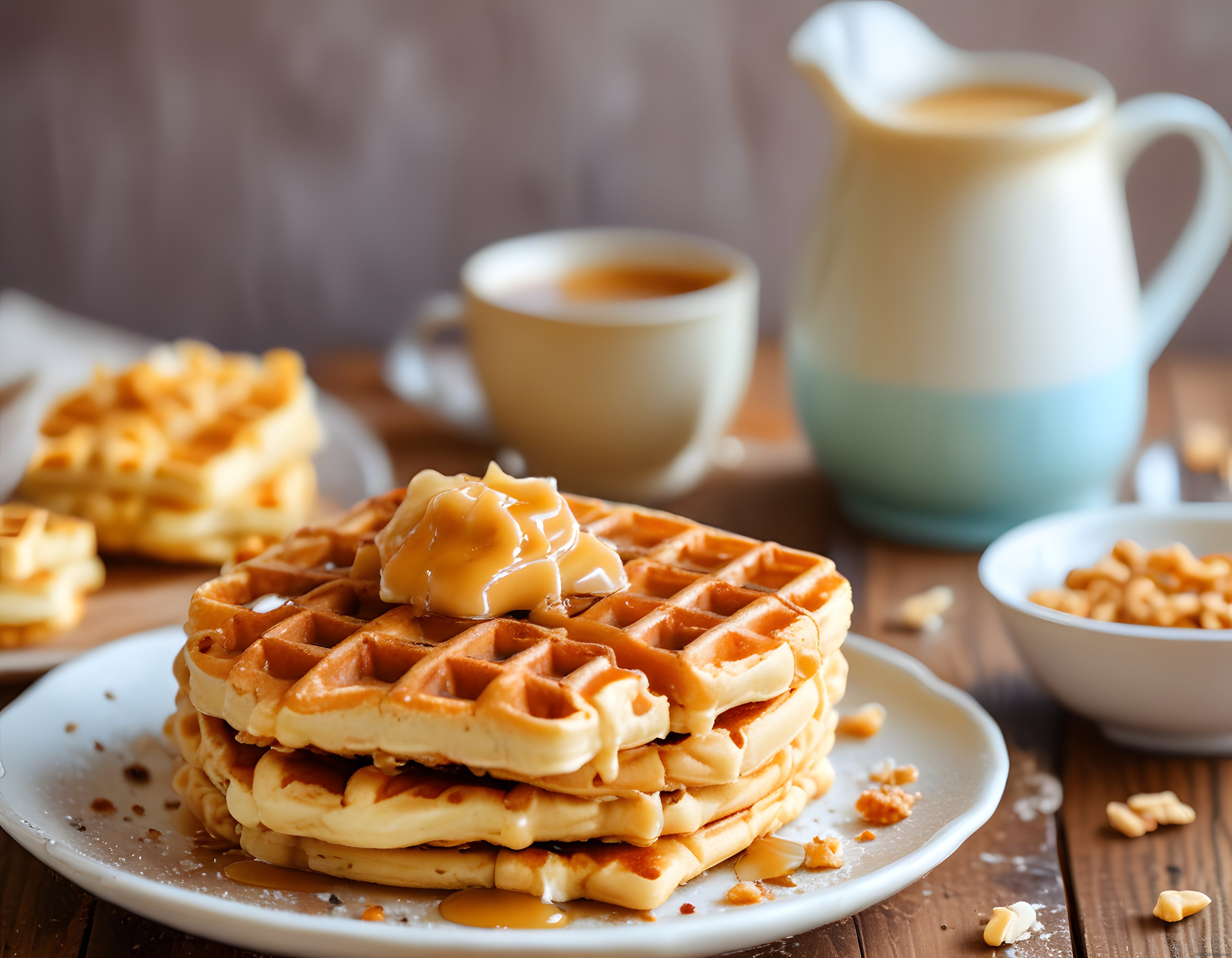 Tereyağı ve Bal Dökülmüş Altın Kahverengi Waffle Kahvaltı Sunumu