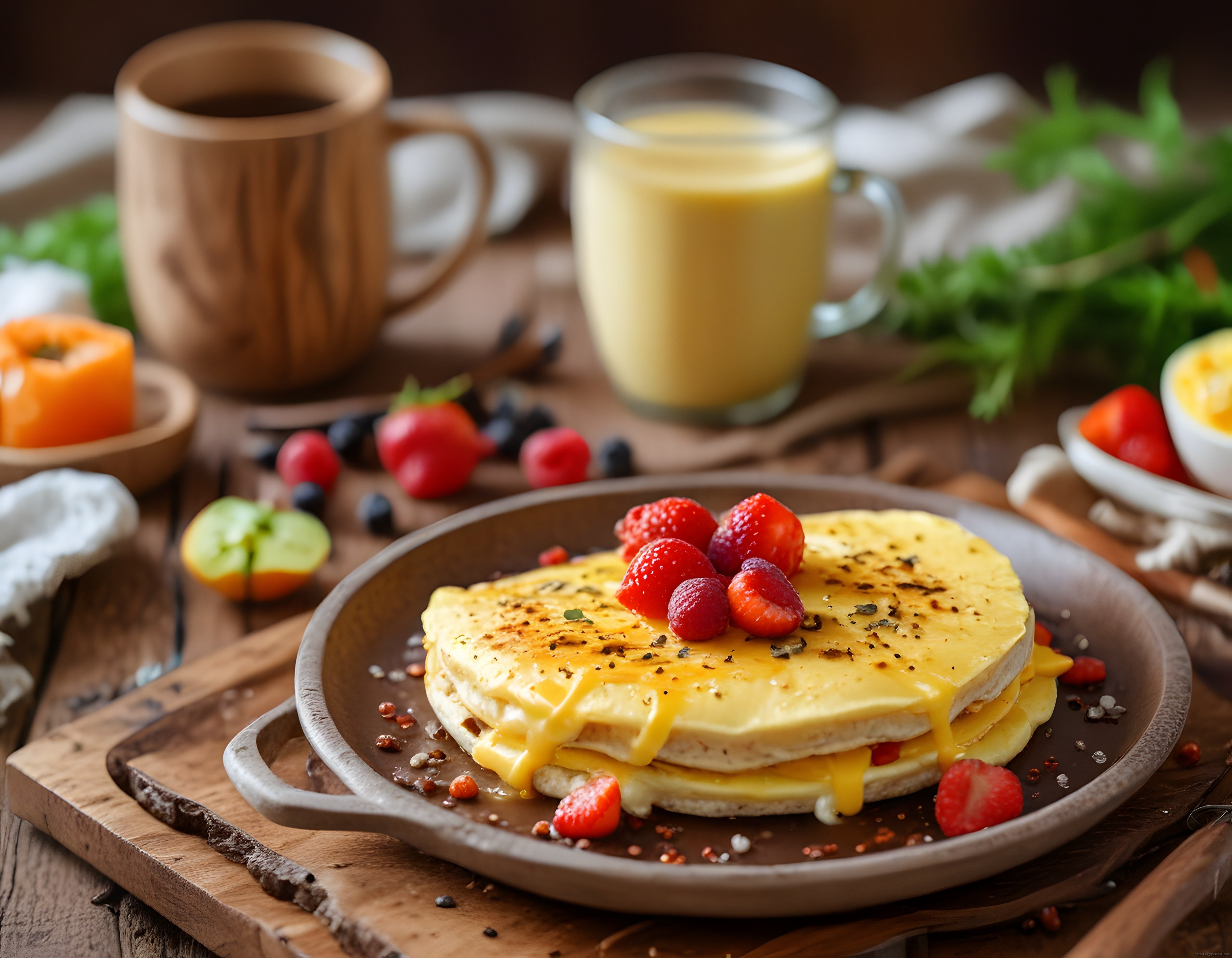 Tereyağlı omlet ve taze çilekli rustik ahşap kahvaltı masası