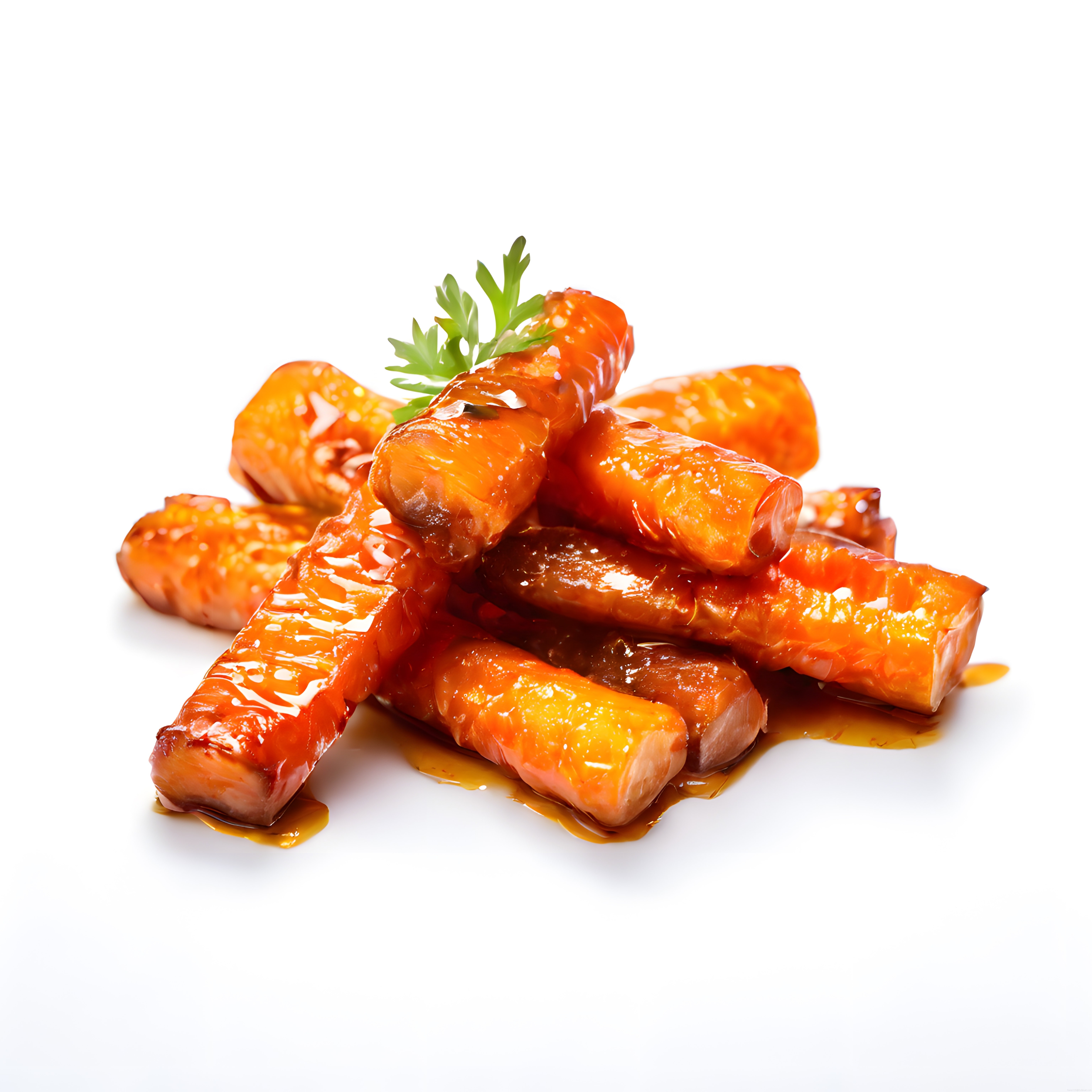 teriyaki soslu ızgara somon parçaları beyaz zemin üzerinde iştah açıcı sunum