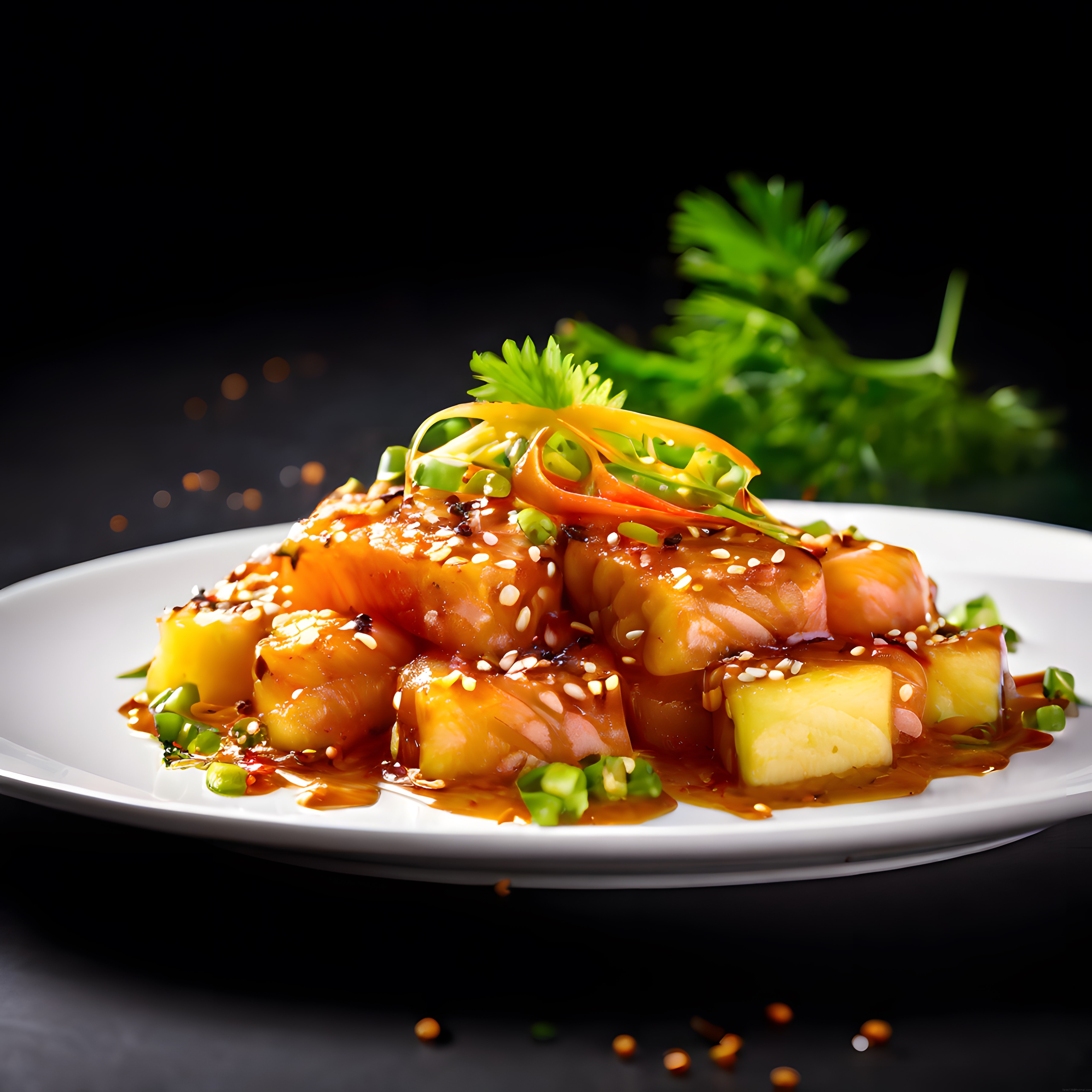 Teriyaki Soslu Susamlı Somon Dilimleri Ananas Garnitürüyle Lüks Sunum