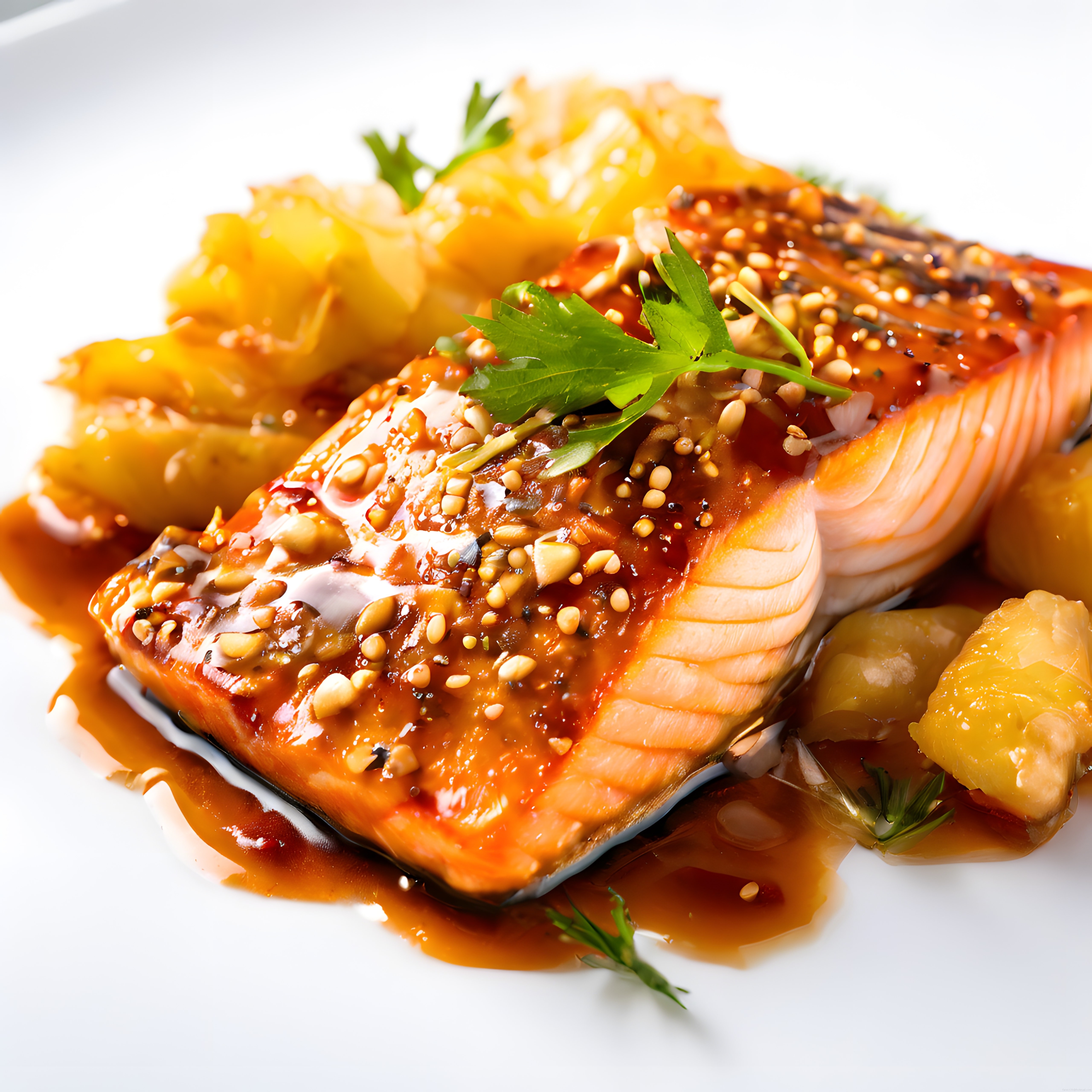 teriyaki soslu susamlı somon fileto ve patates püresi gurme sunum