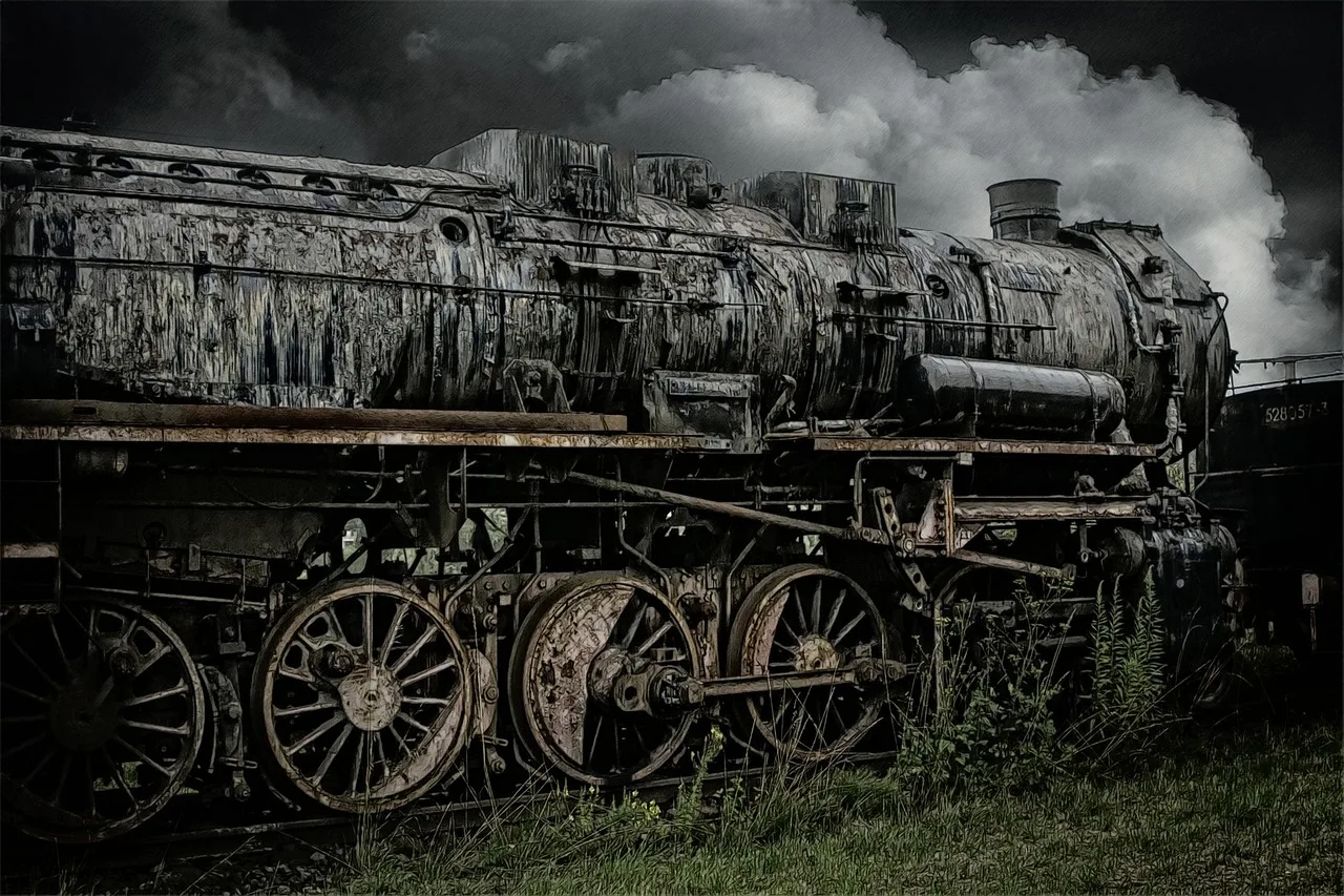 Terkedilmiş eski buharlı tren lokomotifi demiryolunda