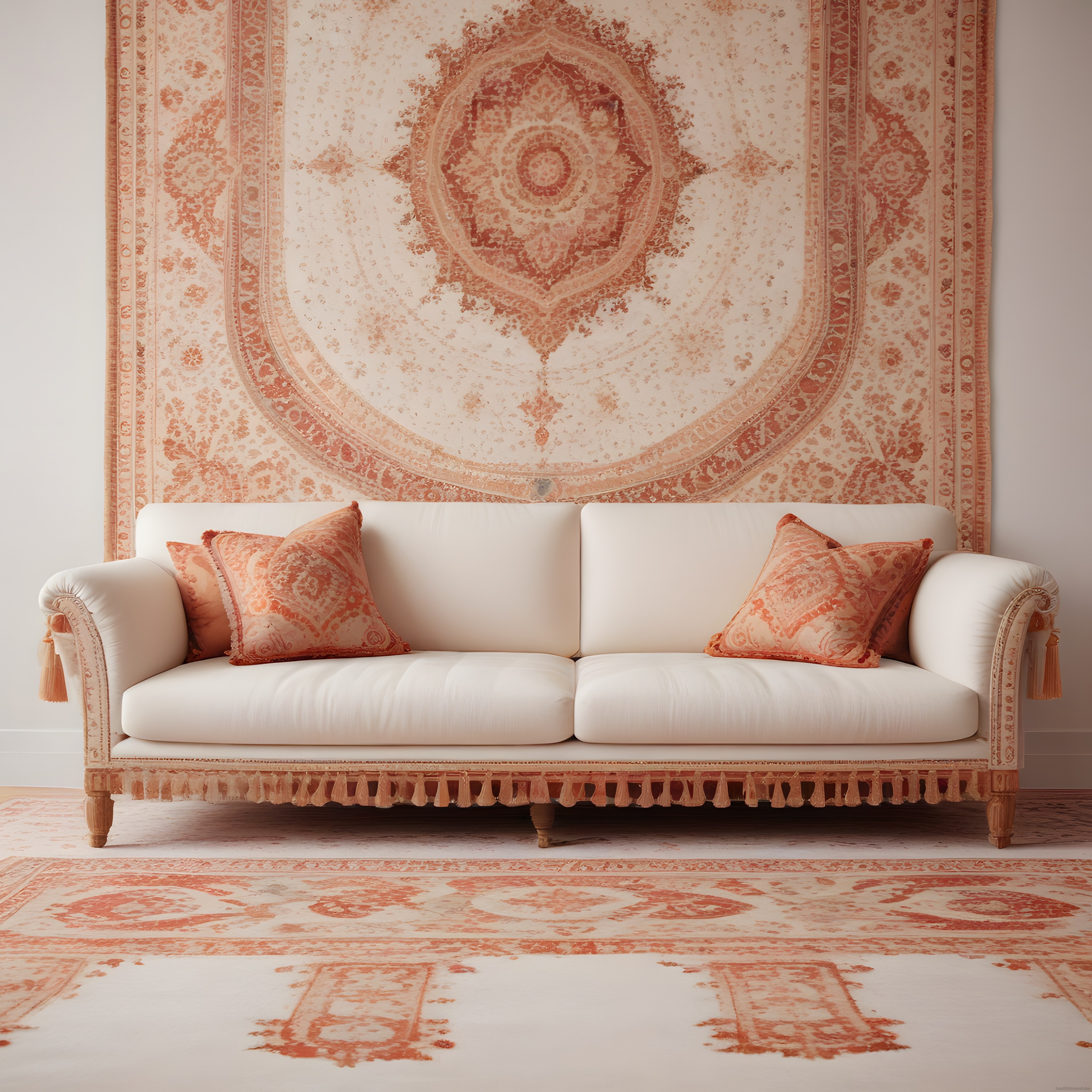 Terrakota desenli bohem kanepe ve halı ile vintage iç mekan dekorasyonu