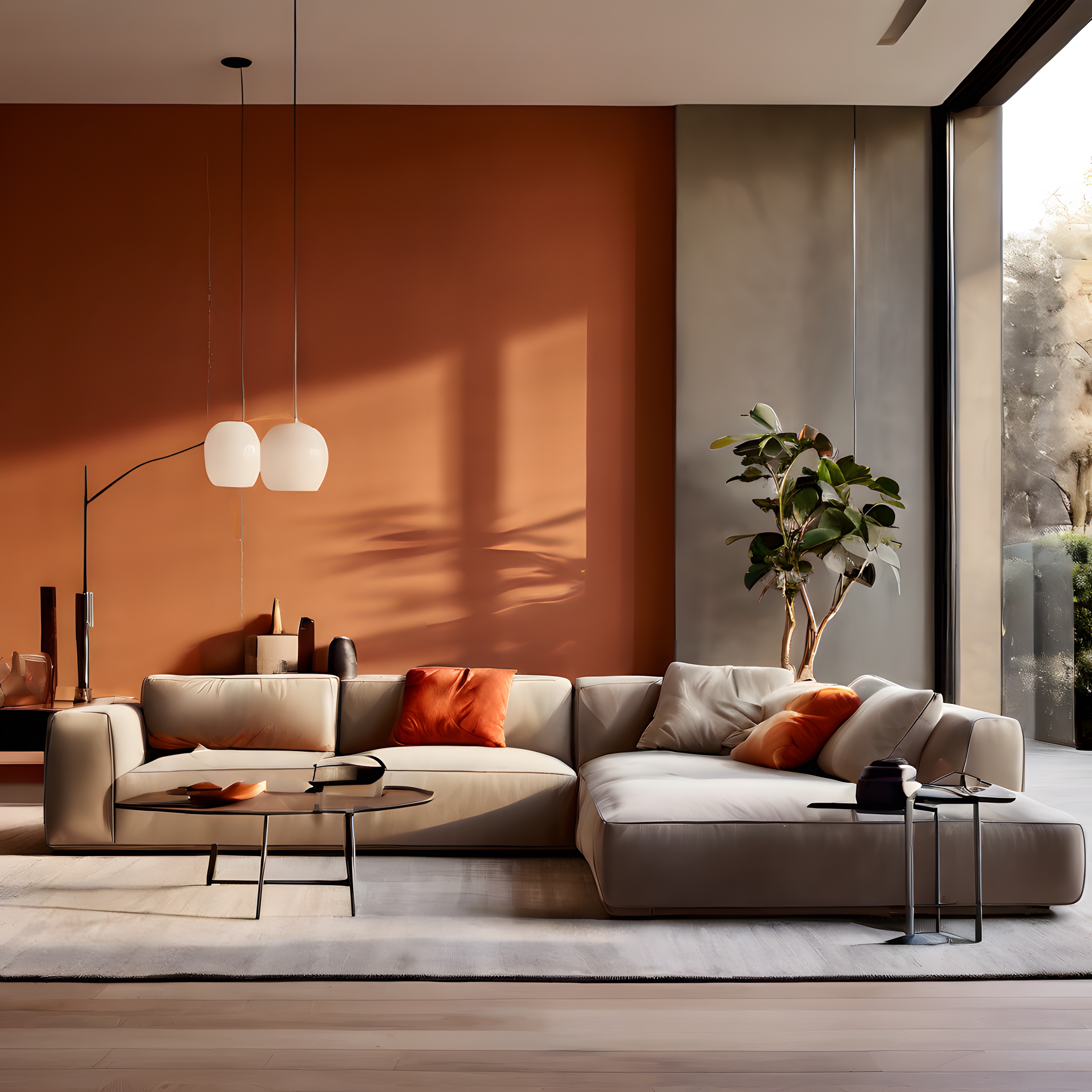 Terrakota Rengi Duvarlı Sıcak ve Davetkar Modern Salon Tasarımı
