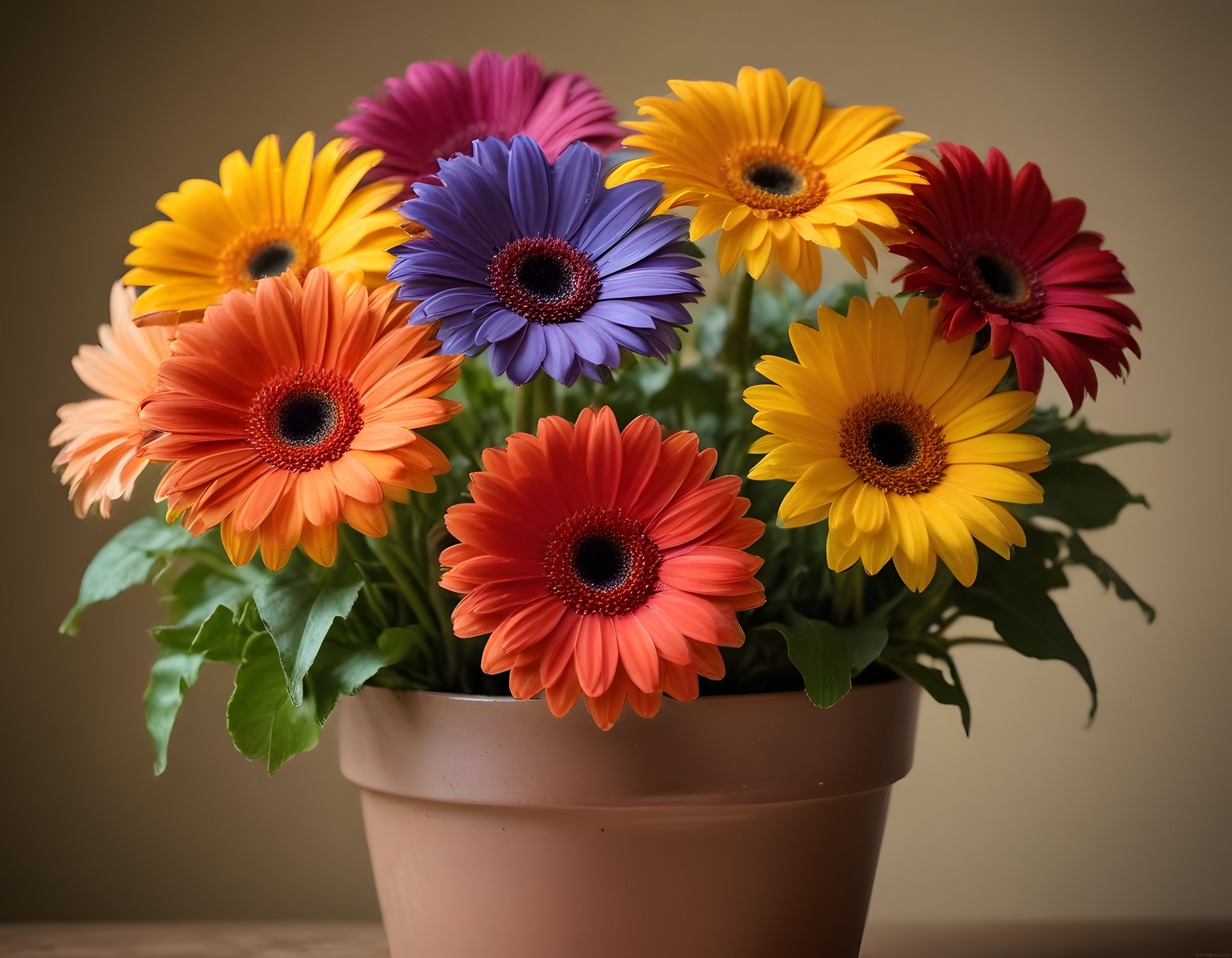 Terrakotta Saksıda Rengarenk Gerbera Papatya Demeti ve Ev Dekorasyonu