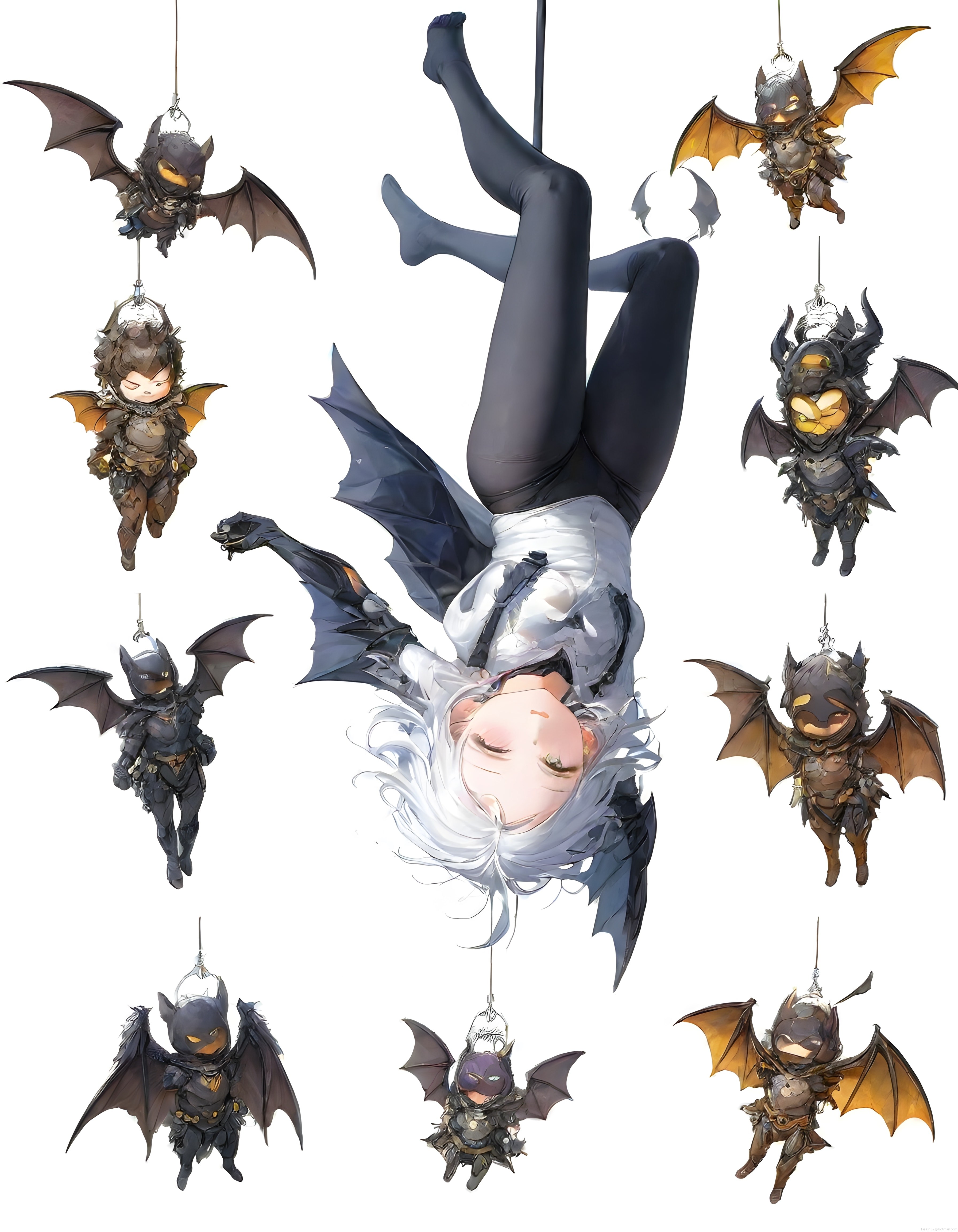 Ters Asılan Anime Kız ve Yarasa Figürleri ile Fantastik Dijital Çizim