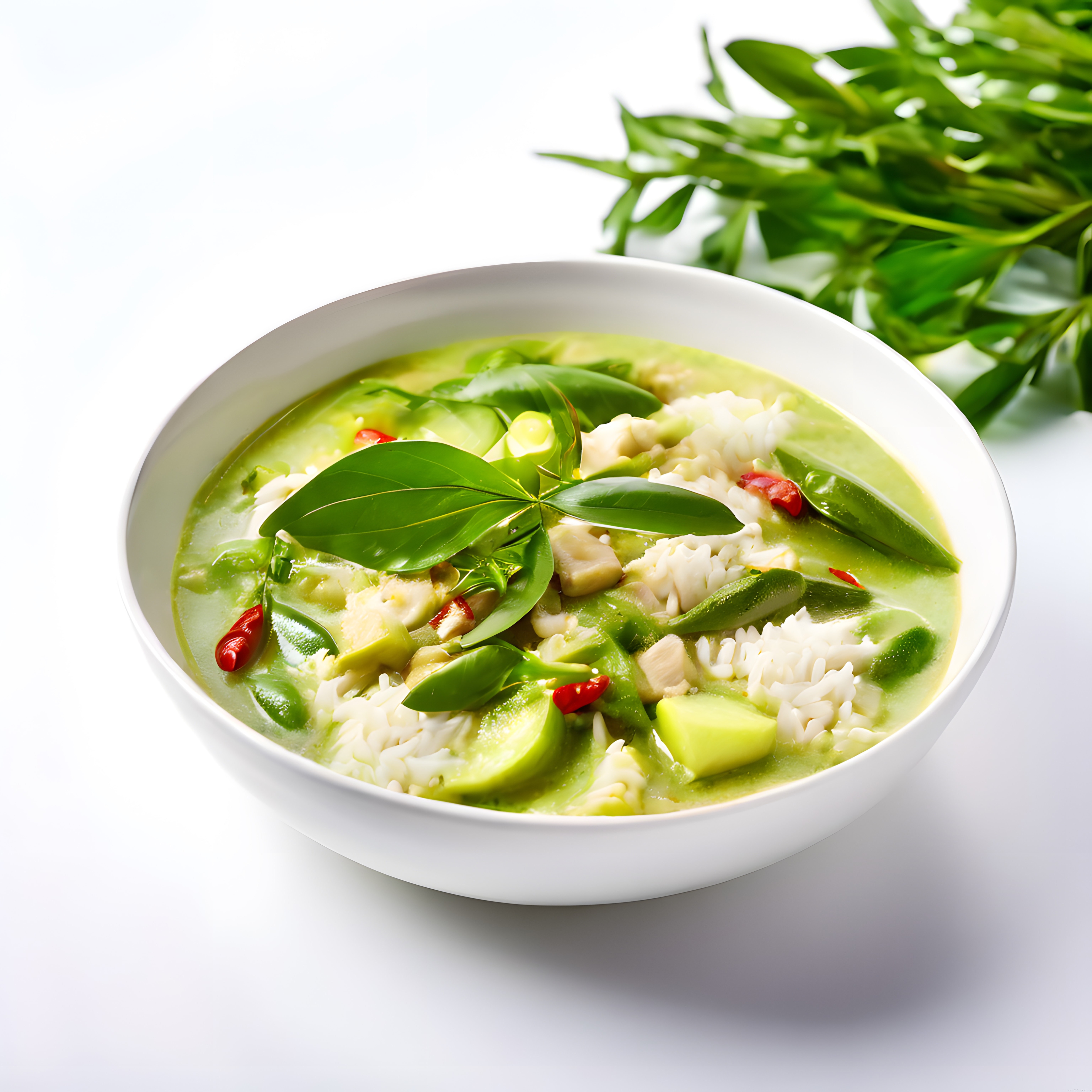 Thai Yeşil Köri: Fesleğenli Kremsi Tavuk, Sebze ve Basmati Pirinç Sunumu