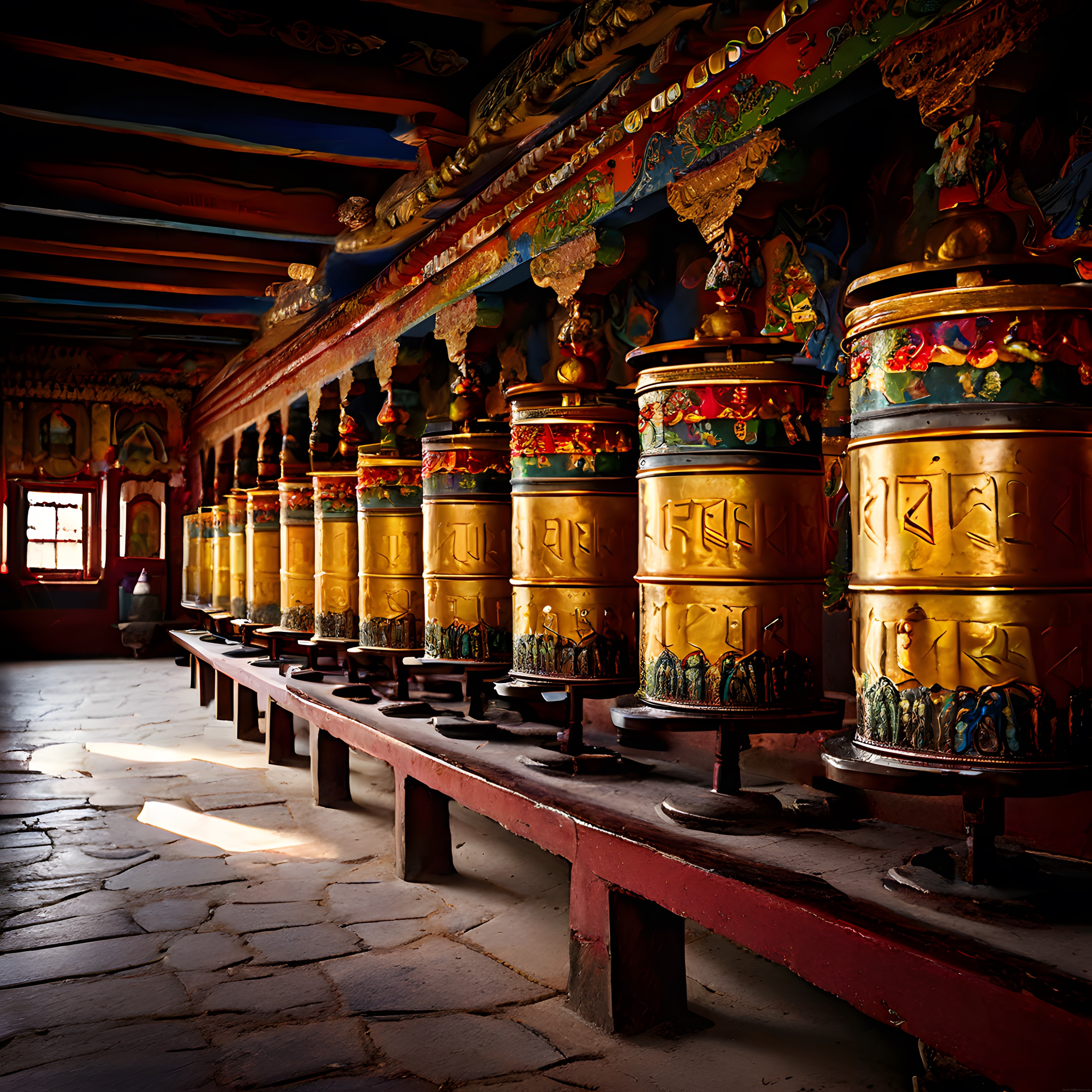 Tibet Manastırı İçinde Altın Kaplama Dua Çarkları ve Kutsal Atmosfer