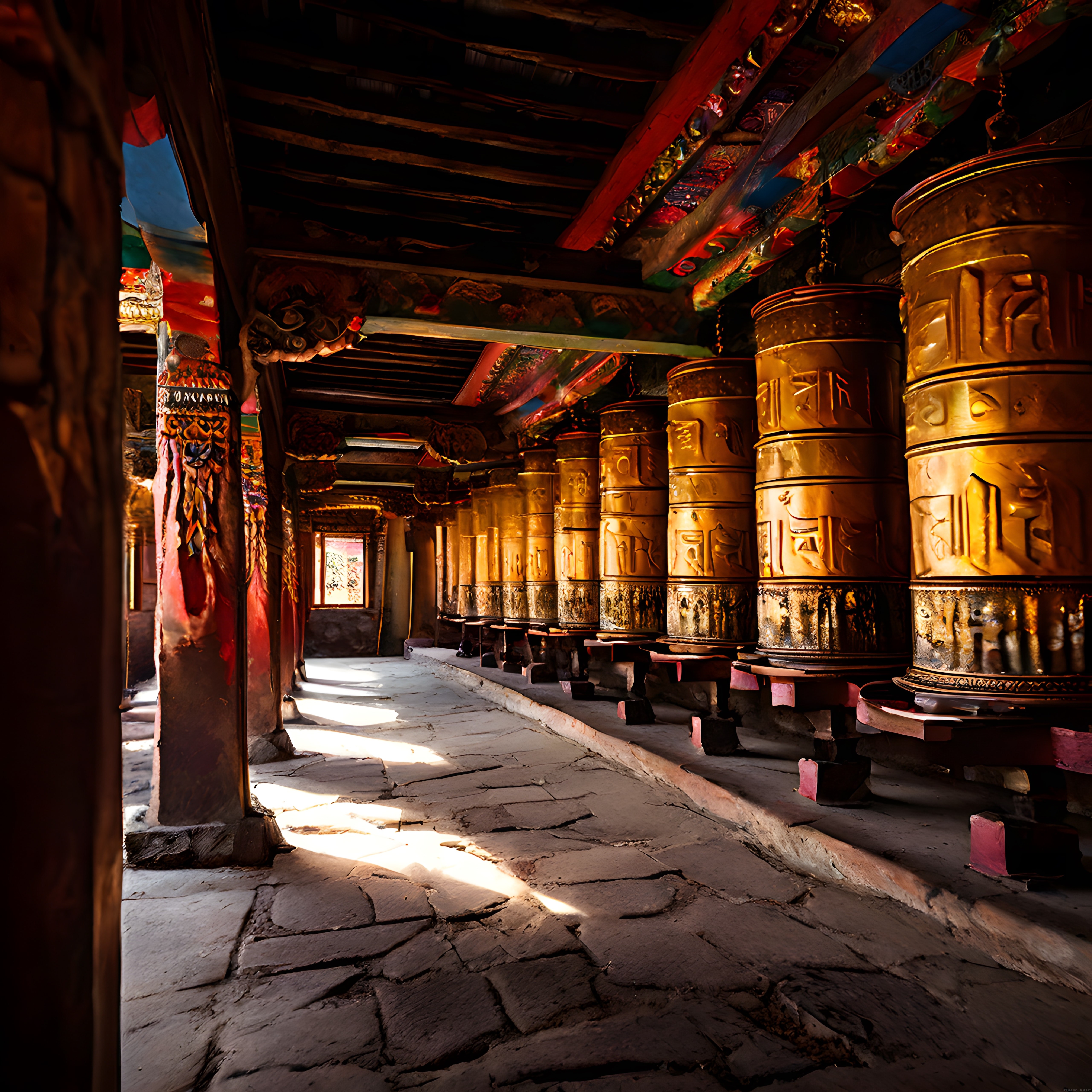 Tibet Manastırında Altın Dua Çarkları ve Mistik Işık Oyunları