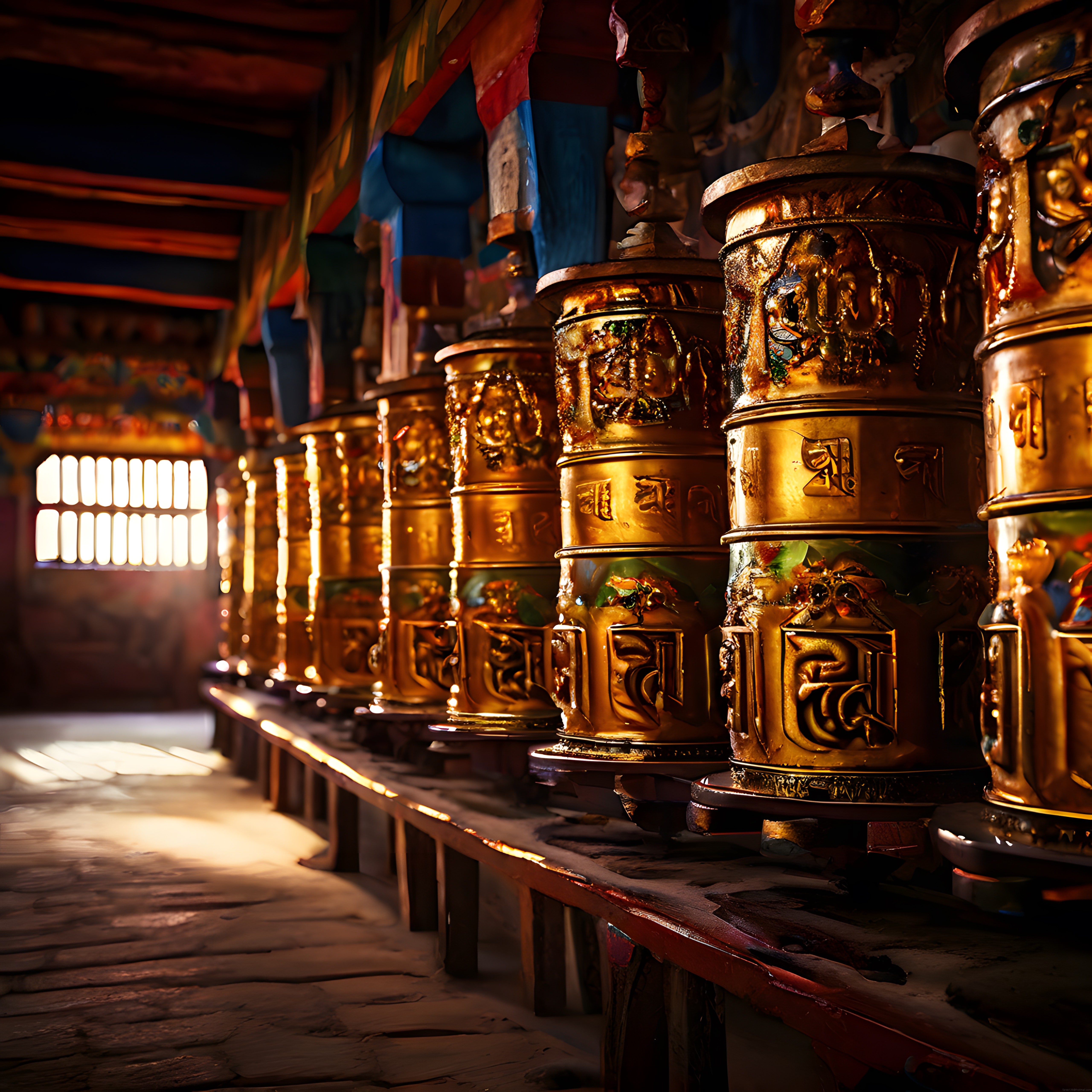 Tibet Manastırında Altın Dua Çarklarının Mistik ve Büyüleyici Atmosferi