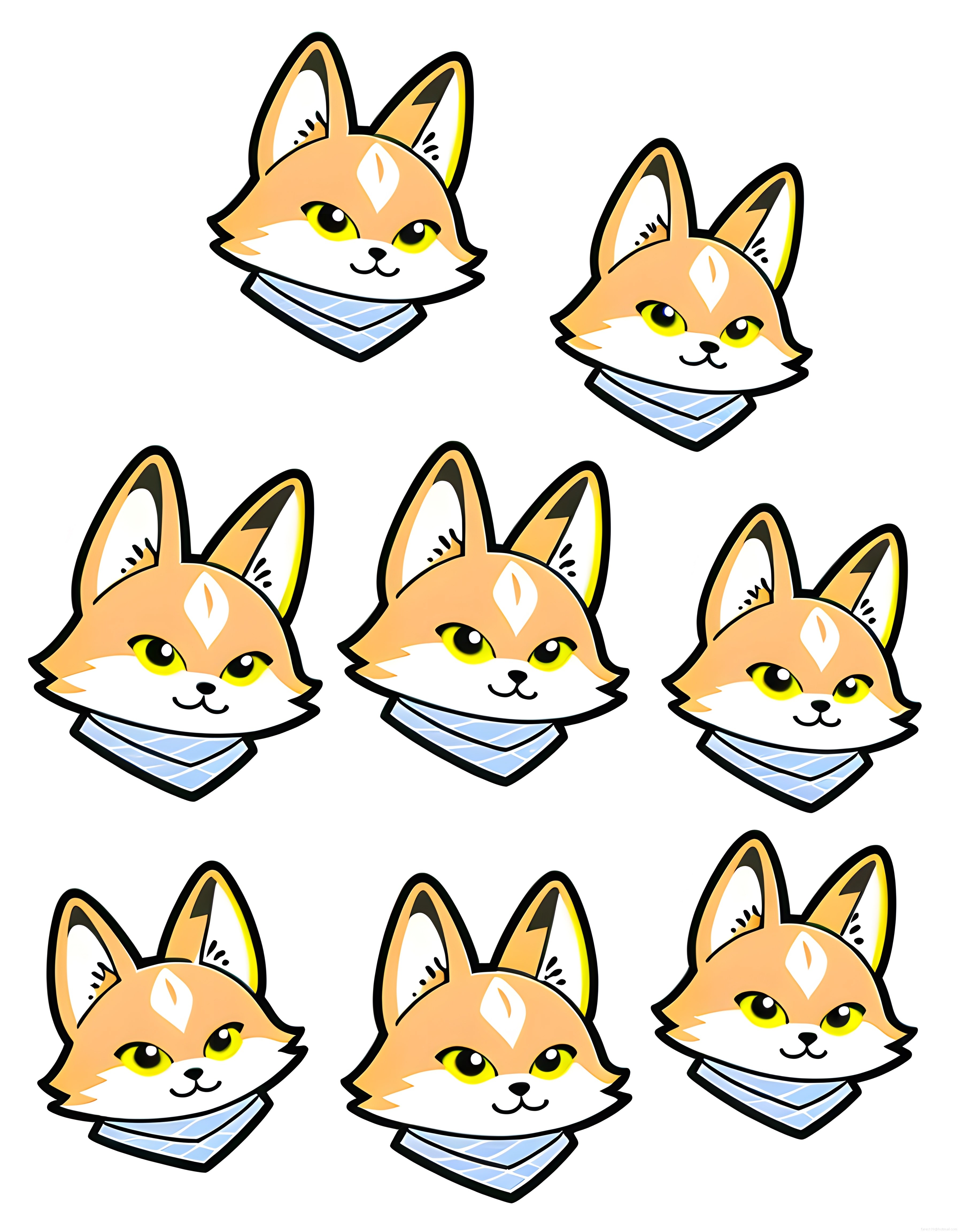 Tilki maskot yüz ifadeleri sticker seti, sevimli kawaii dijital sanat çizimleri