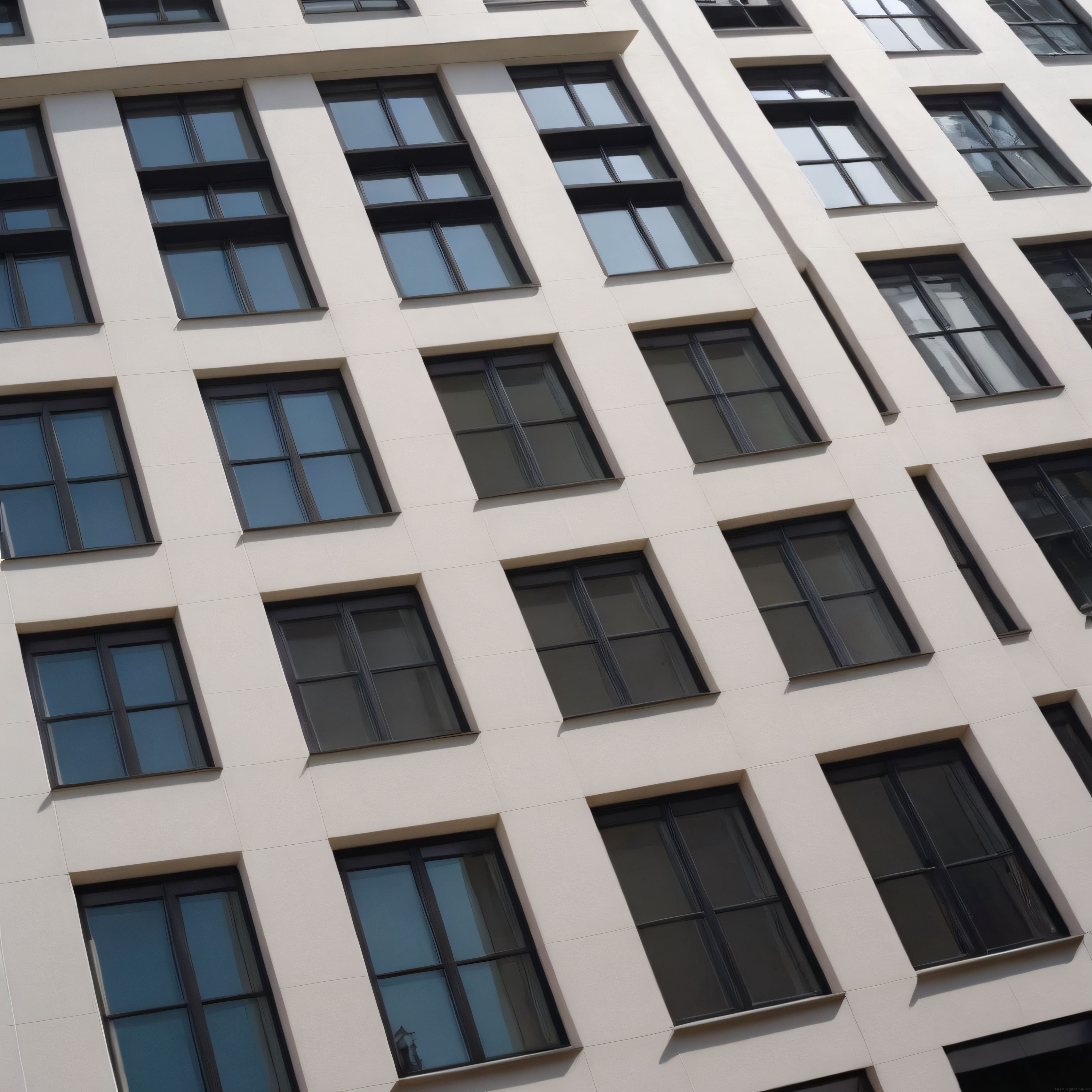 tilt-shift açıdan modern apartman cephesi ve geometrik pencere düzeni