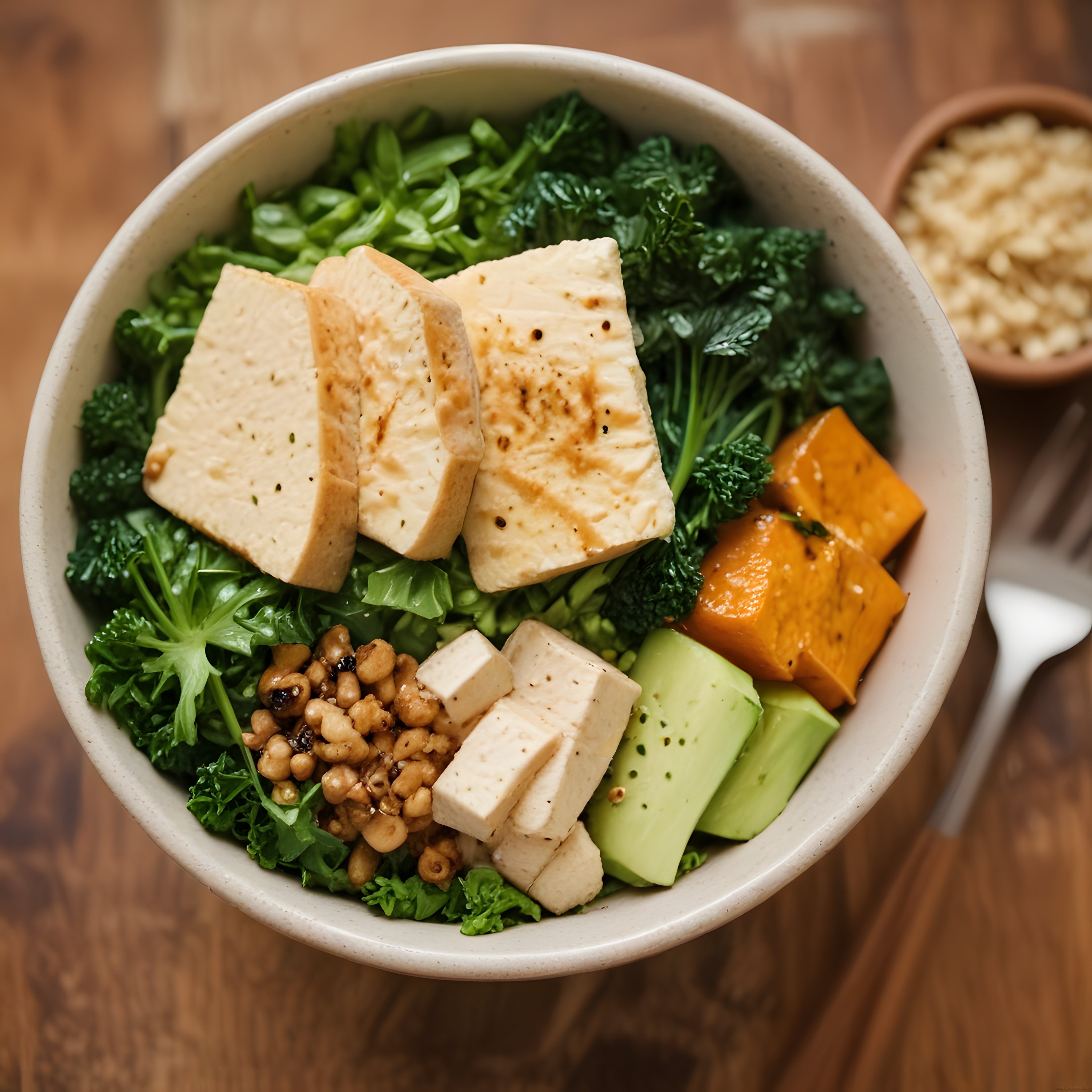 Tofu Avokado ve Yeşilliklerle Hazırlanan Sağlıklı Vegan Buddha Kase