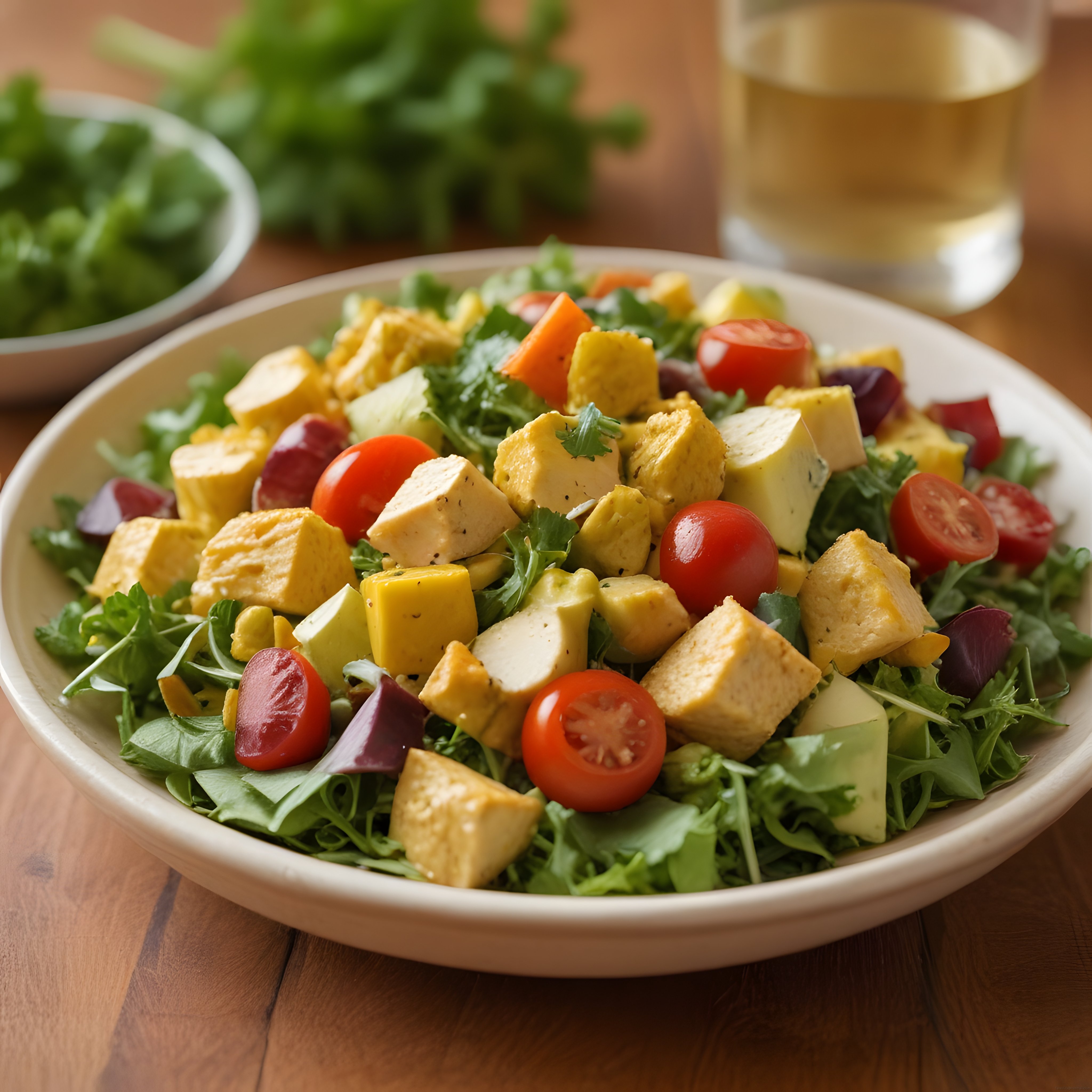 Tofu küpleri, kiraz domates ve taze yeşilliklerle renkli salata tabağı