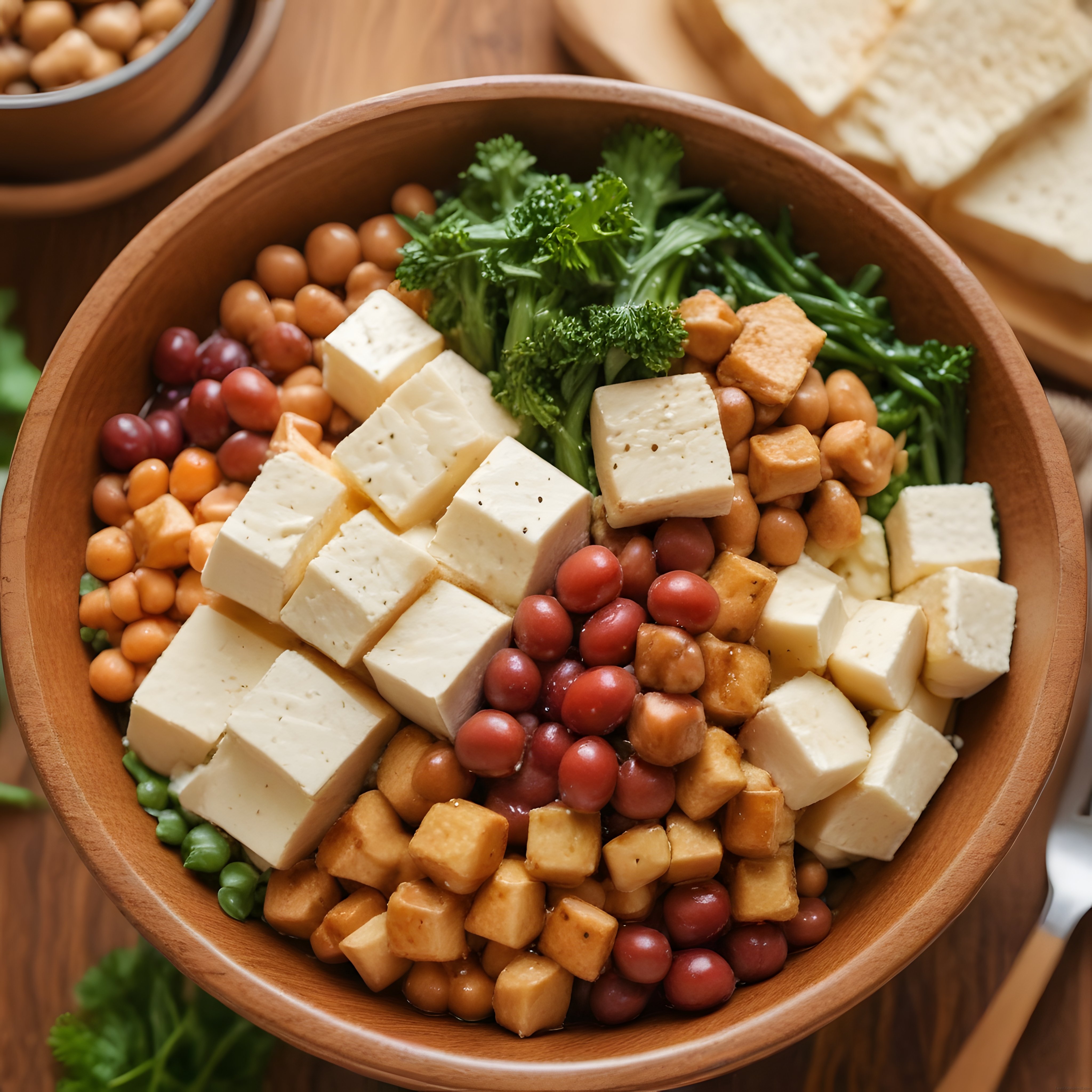 Tofu, nohut ve taze sebzelerle hazırlanan besleyici ve renkli vegan kase