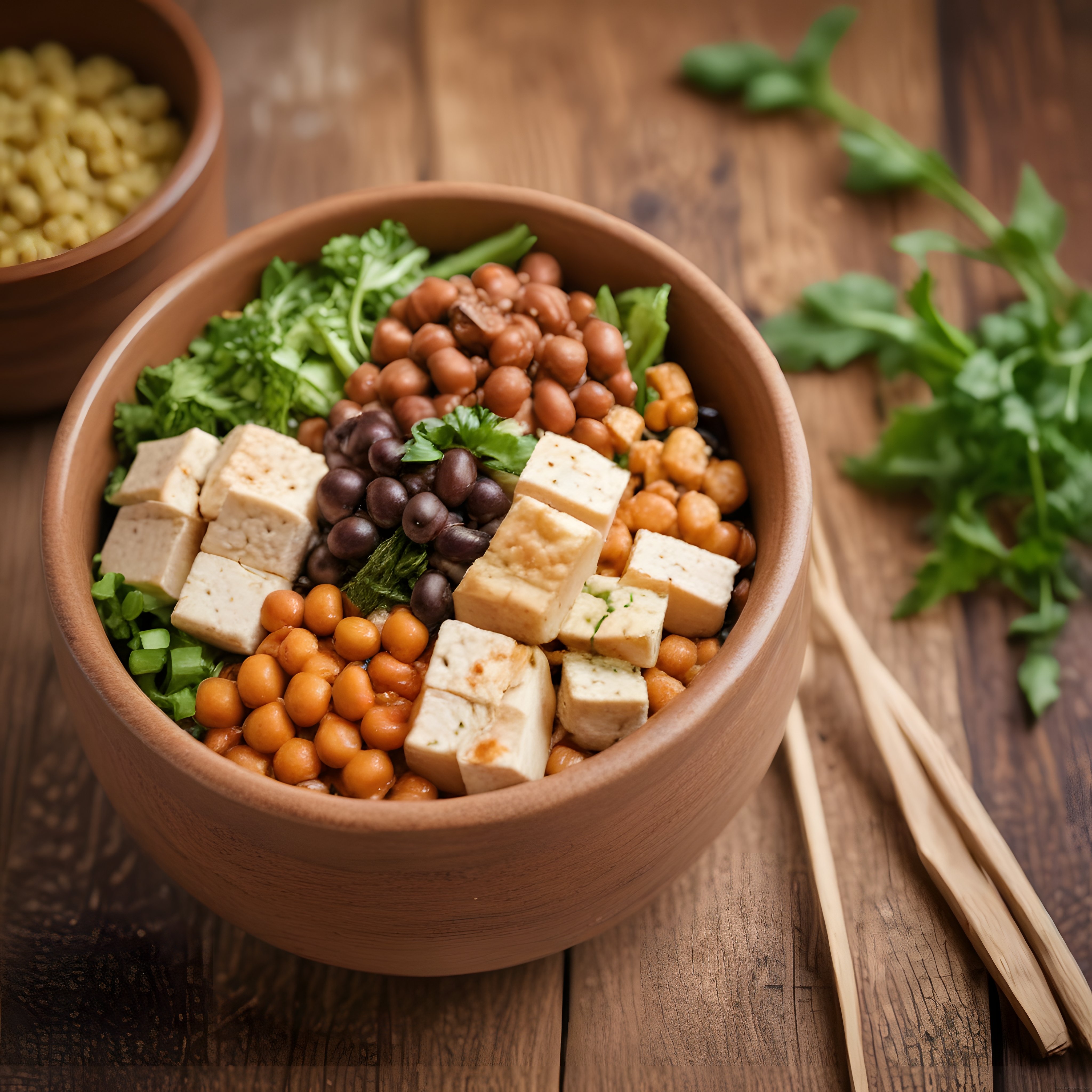 Tofu, nohut ve yeşilliklerle hazırlanmış vegan kase yemeği