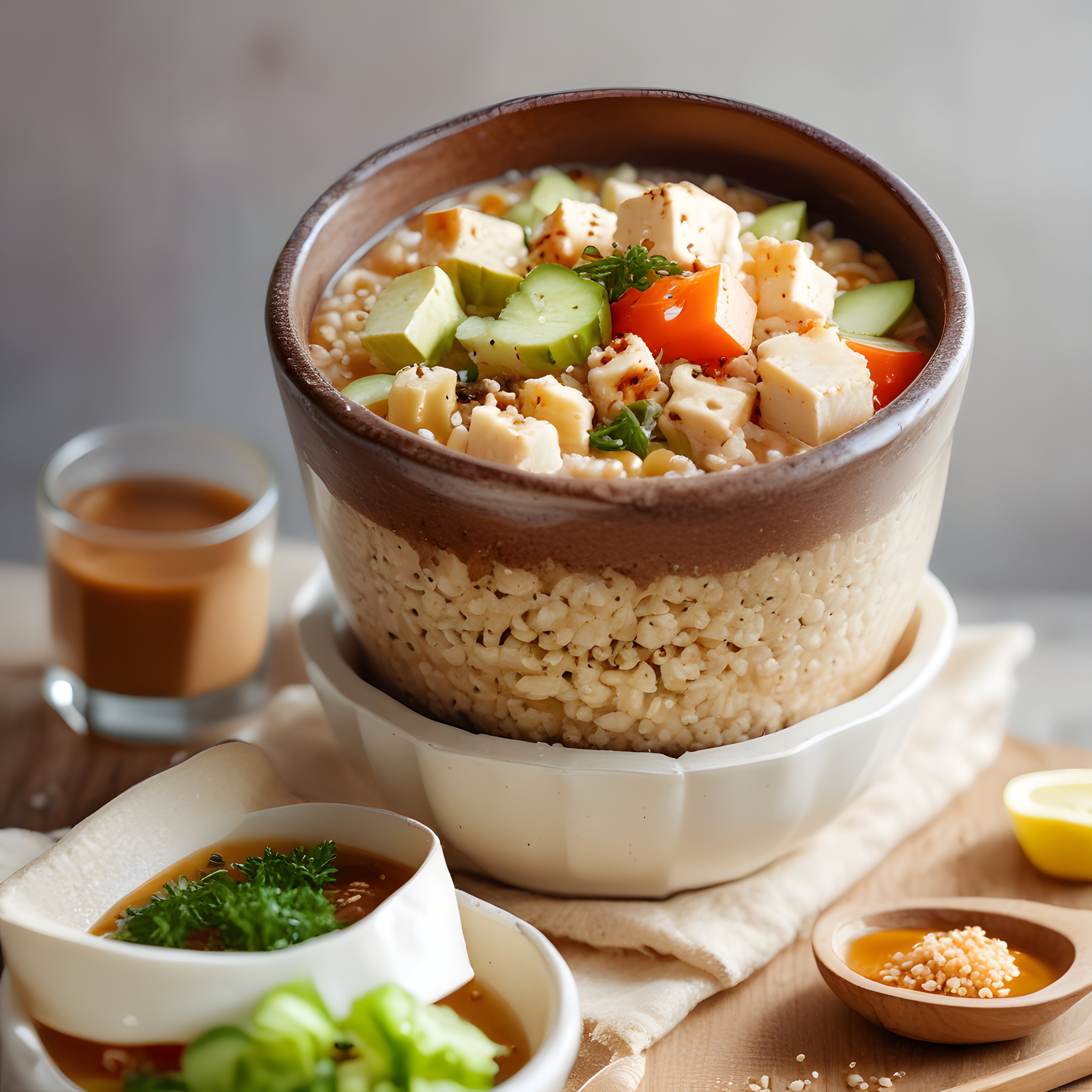 Tofu, salatalık ve havuçla hazırlanmış tahıllı kase yemeği ve sos