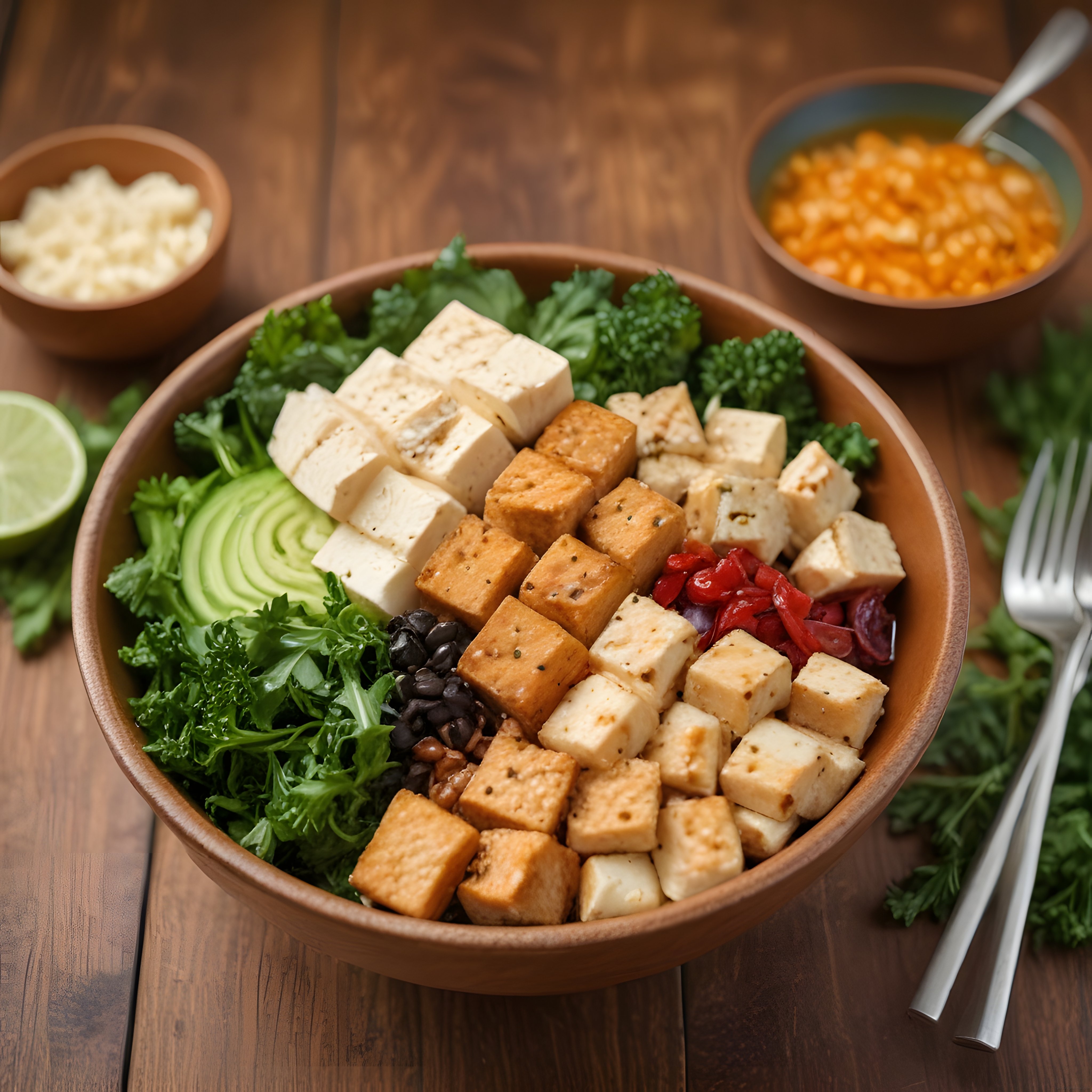 Tofu ve avokadolu renkli vegan bowl ile besleyici sağlıklı öğün sunumu