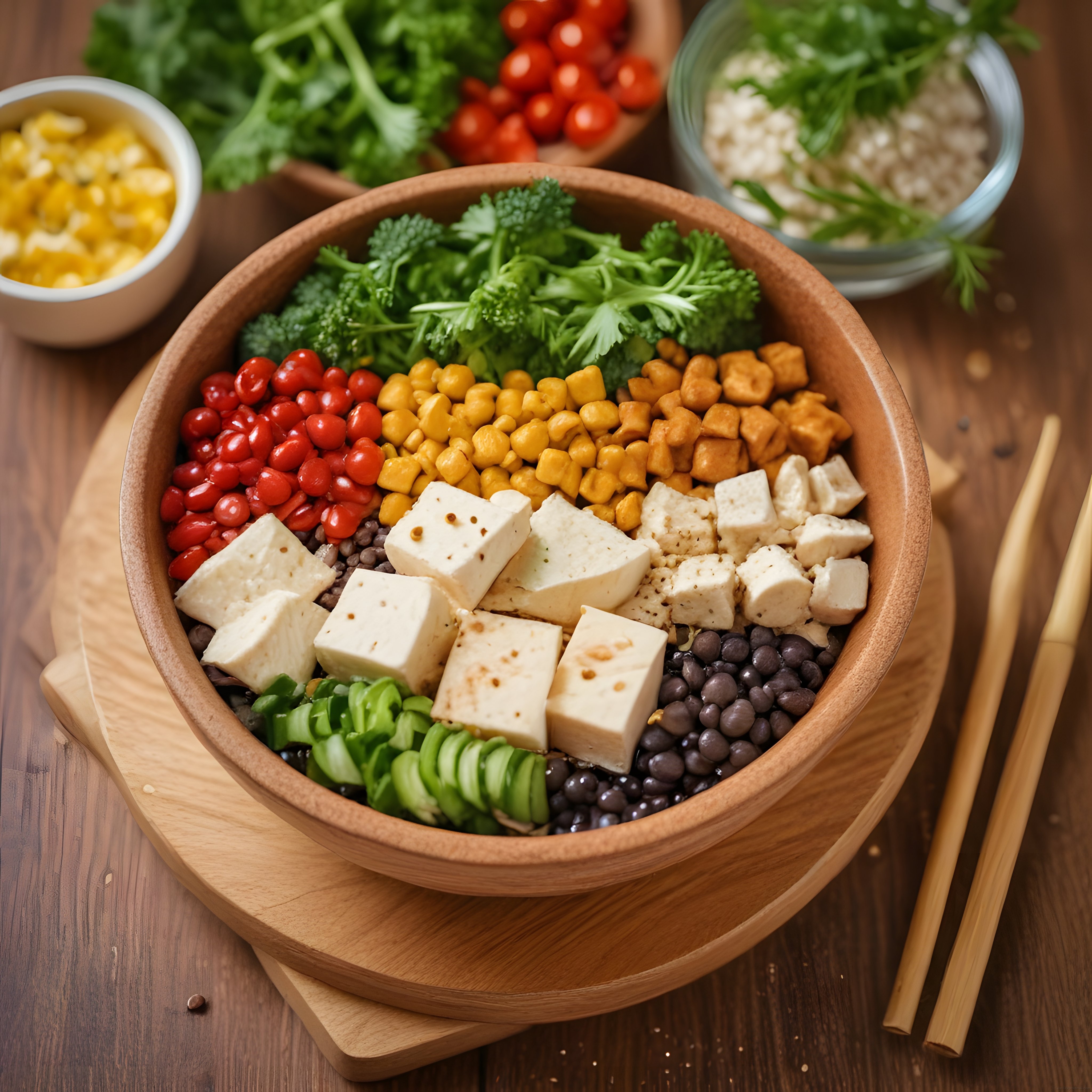 tofu ve baklagillerle hazırlanan rustik vegan buddha bowl sunumu