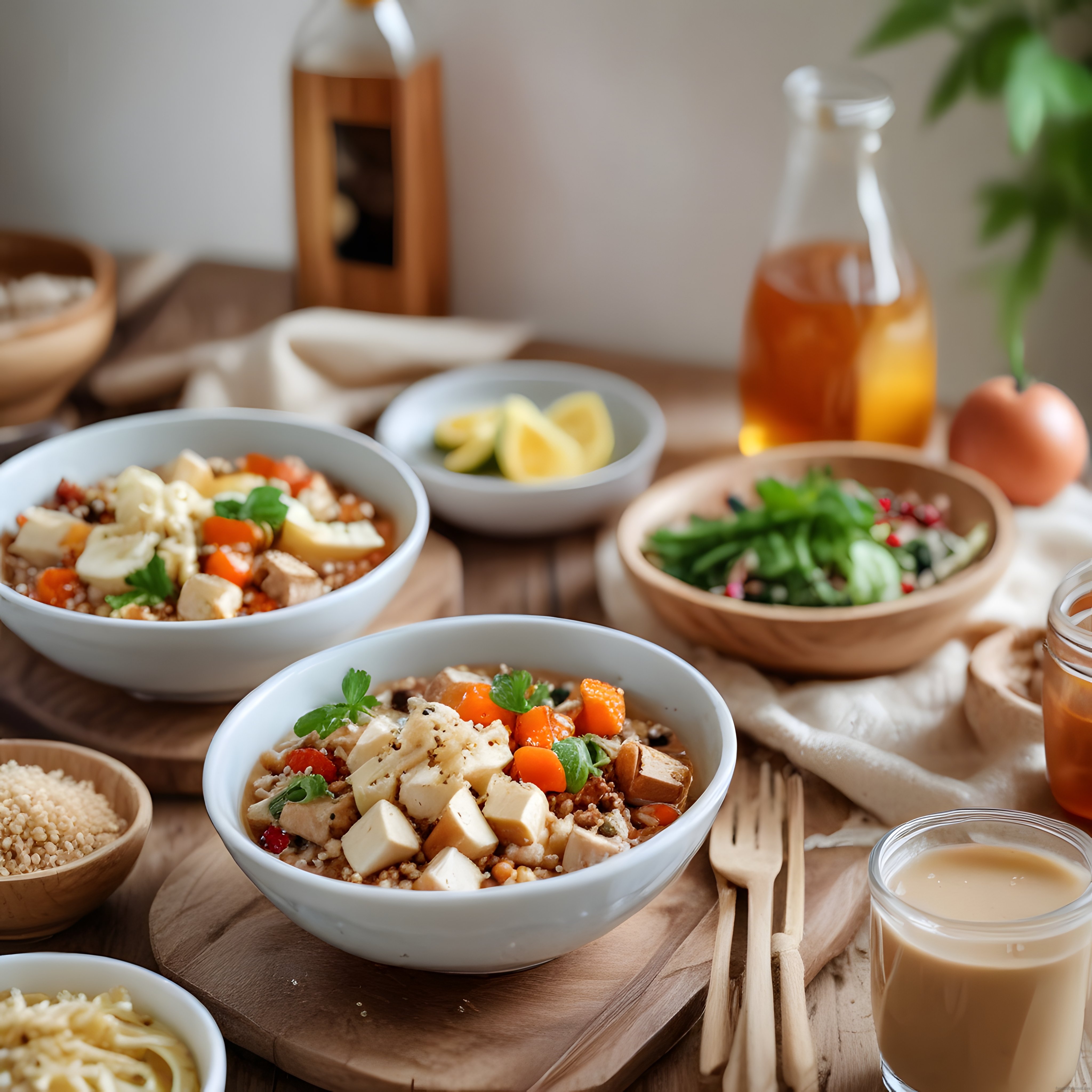 Tofu ve sebzeli tahıl kaseleri, taze salata ve limonlu masa sahnesi